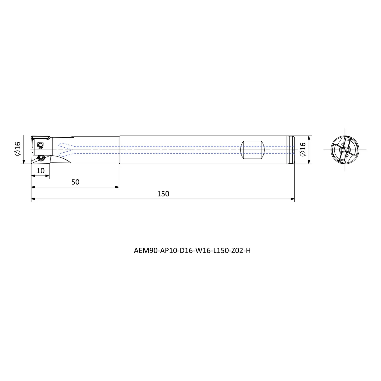 AEM90-AP10-D16-W16-L150-Z02-H &mdash; dimensioned drawing