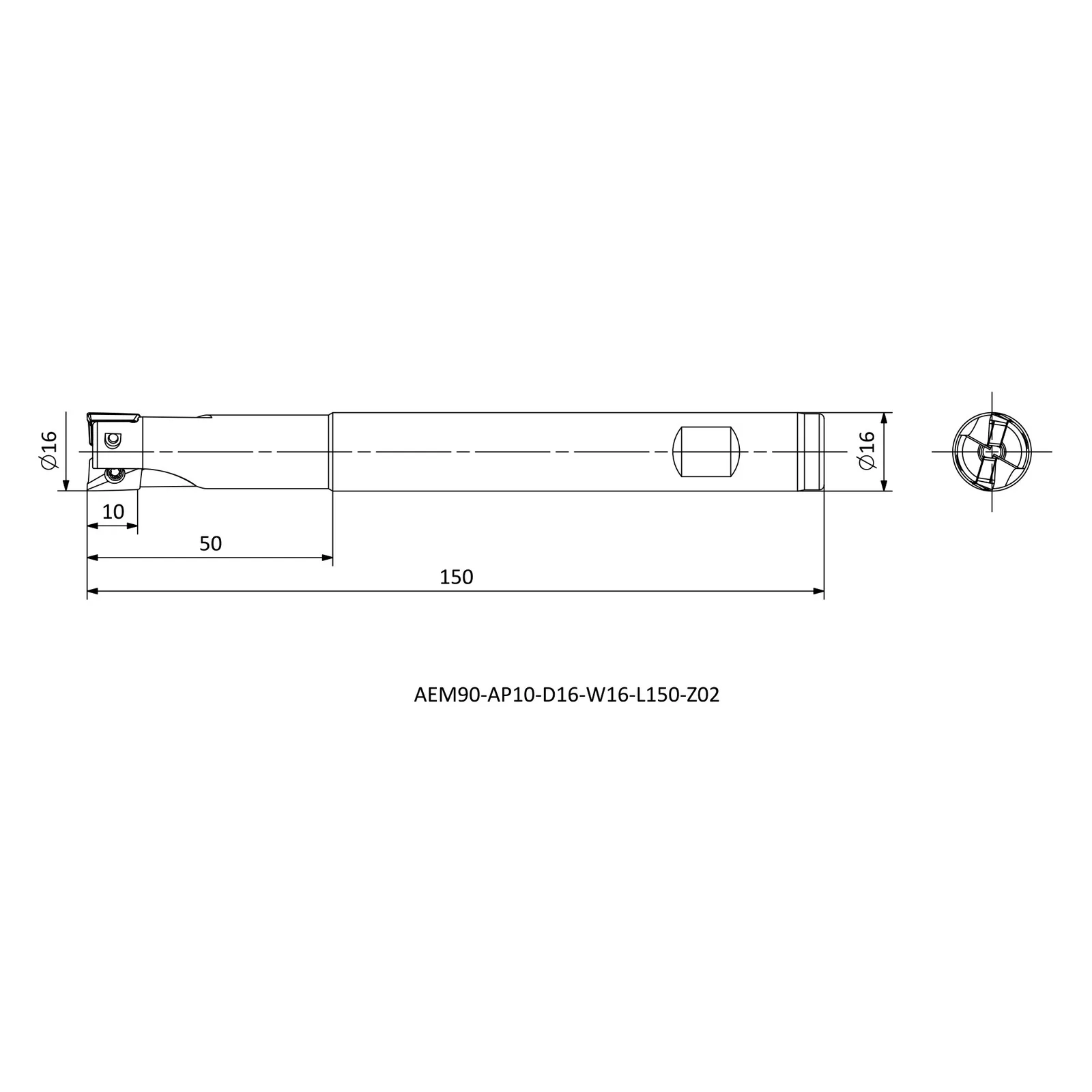 AEM90-AP10-D16-W16-L150-Z02 &mdash; dimensioned drawing