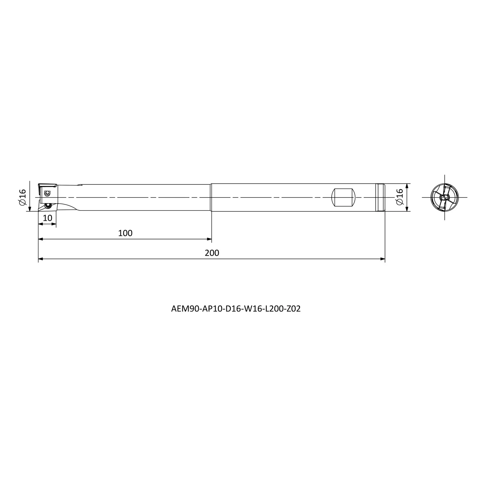 AEM90-AP10-D16-W16-L200-Z02 &mdash; dimensioned drawing