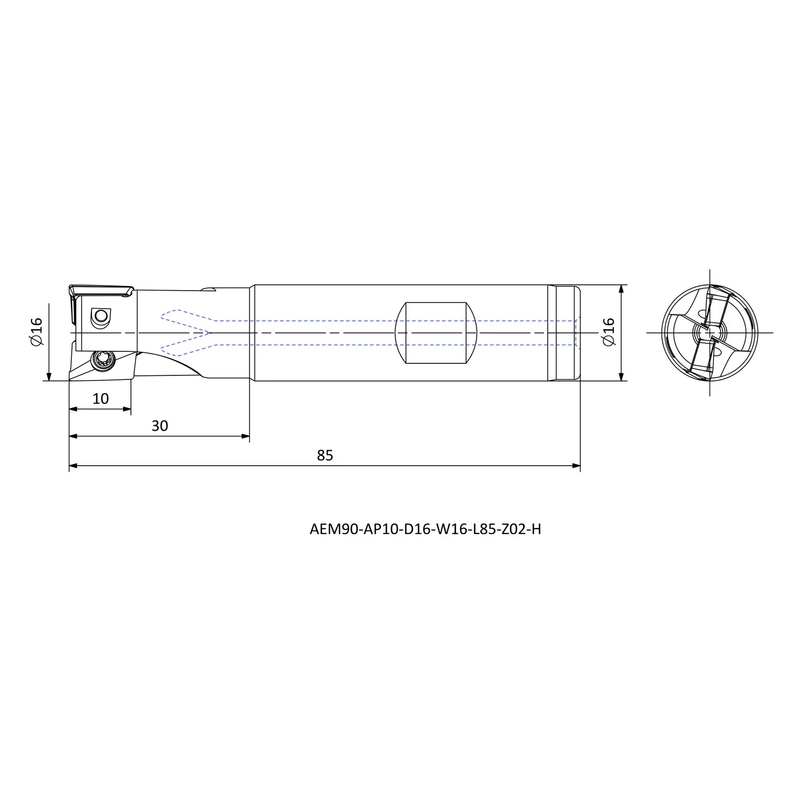AEM90-AP10-D16-W16-L85-Z02-H &mdash; dimensioned drawing