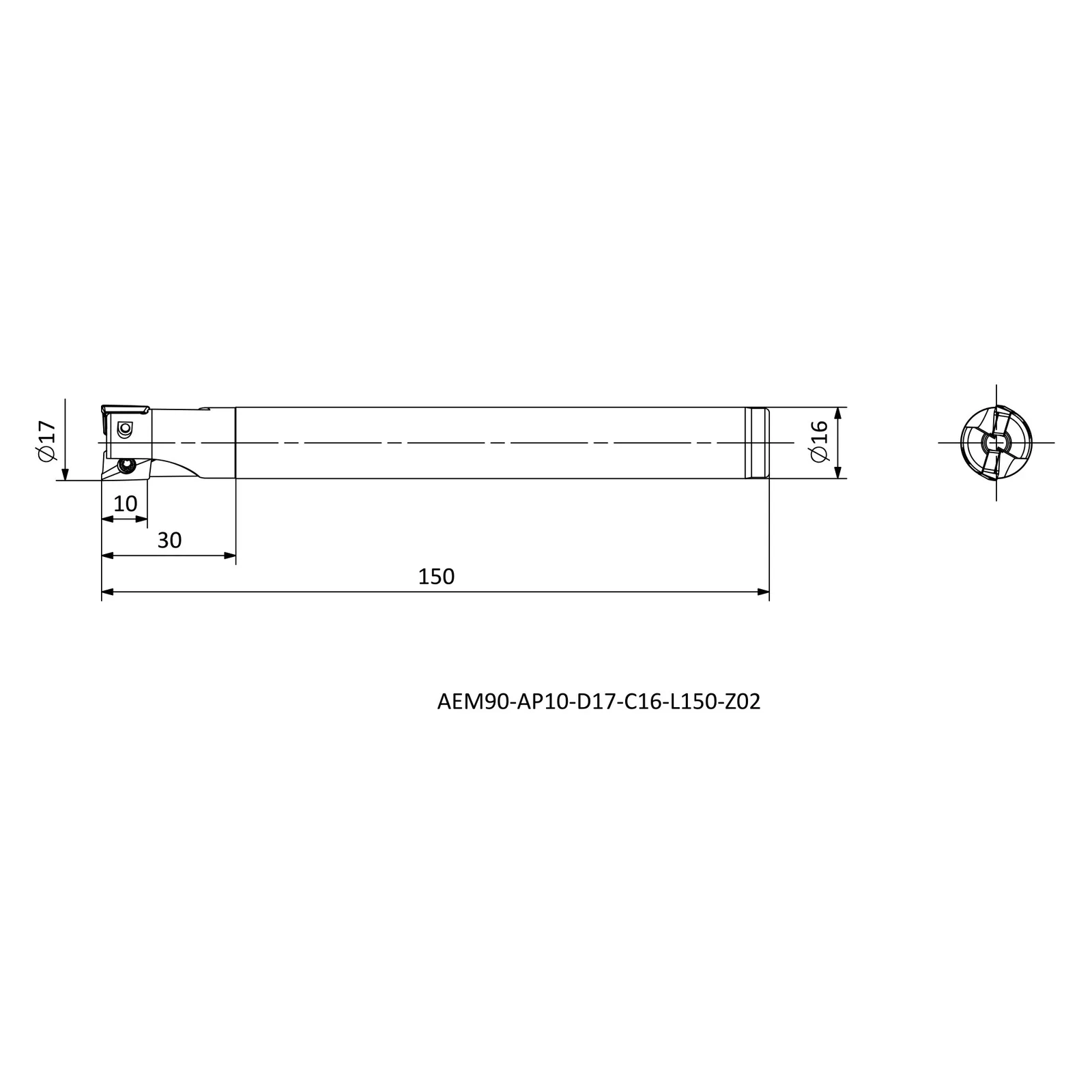AEM90-AP10-D17-C16-L150-Z02 &mdash; dimensioned drawing