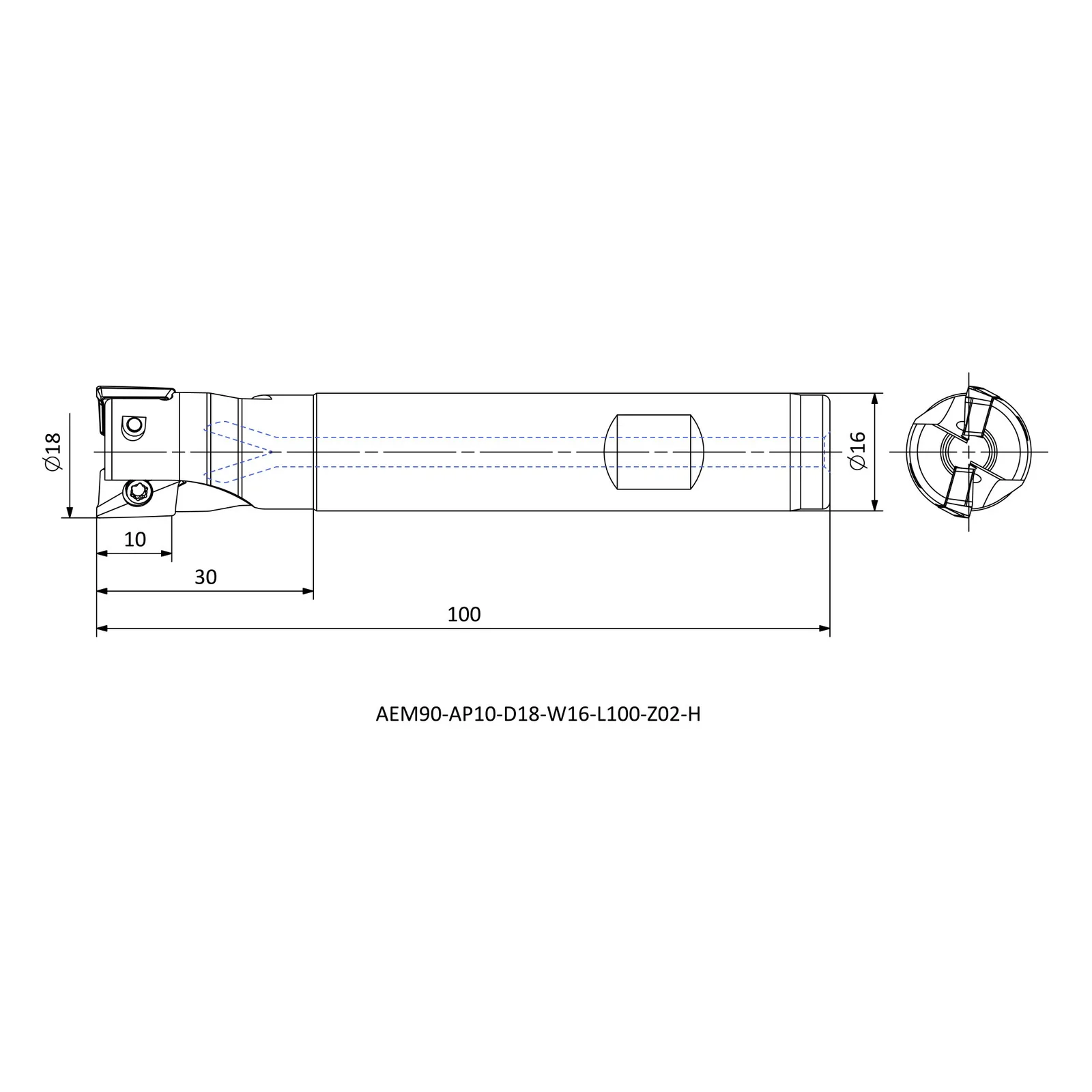AEM90-AP10-D18-W16-L100-Z02-H &mdash; dimensioned drawing