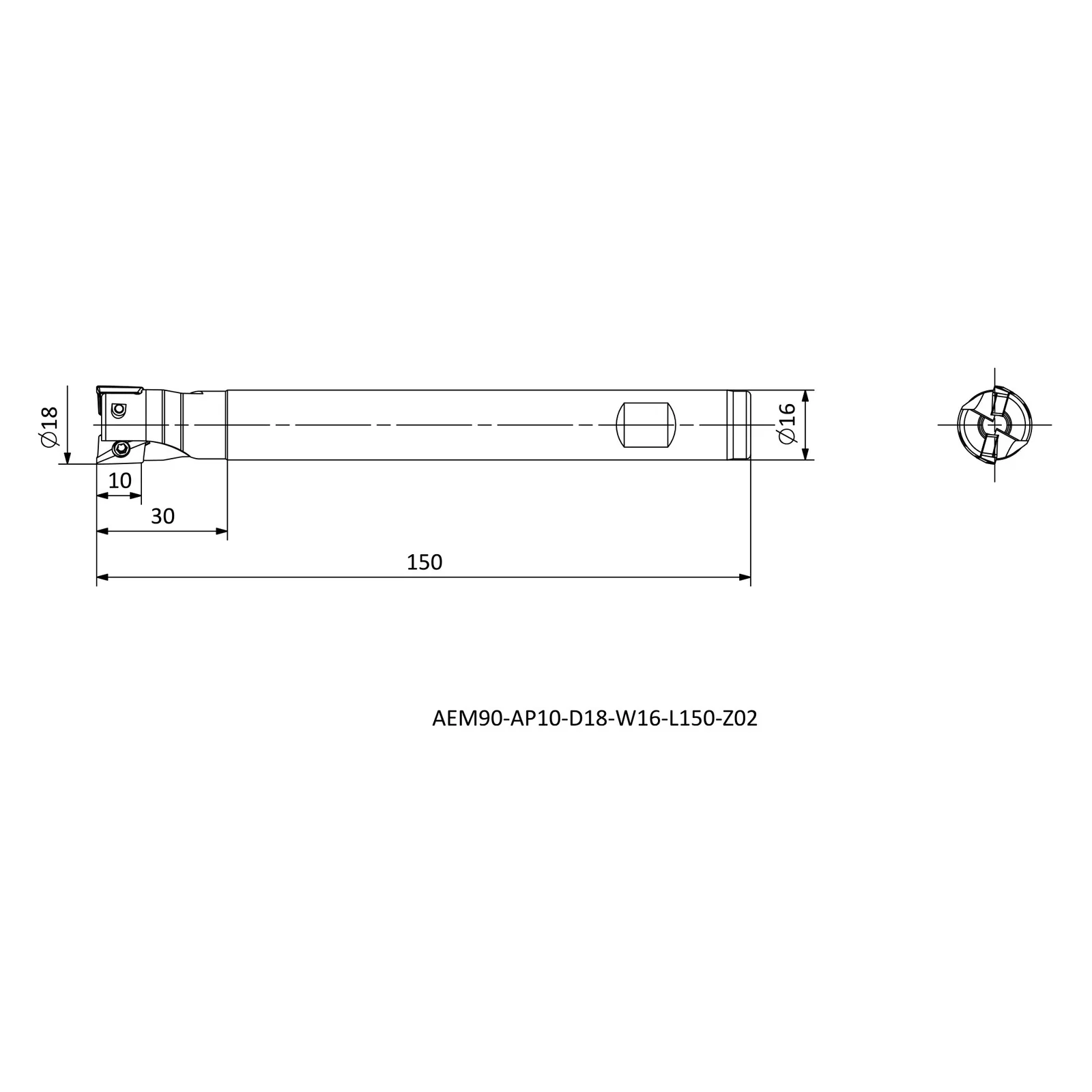 AEM90-AP10-D18-W16-L150-Z02 &mdash; dimensioned drawing