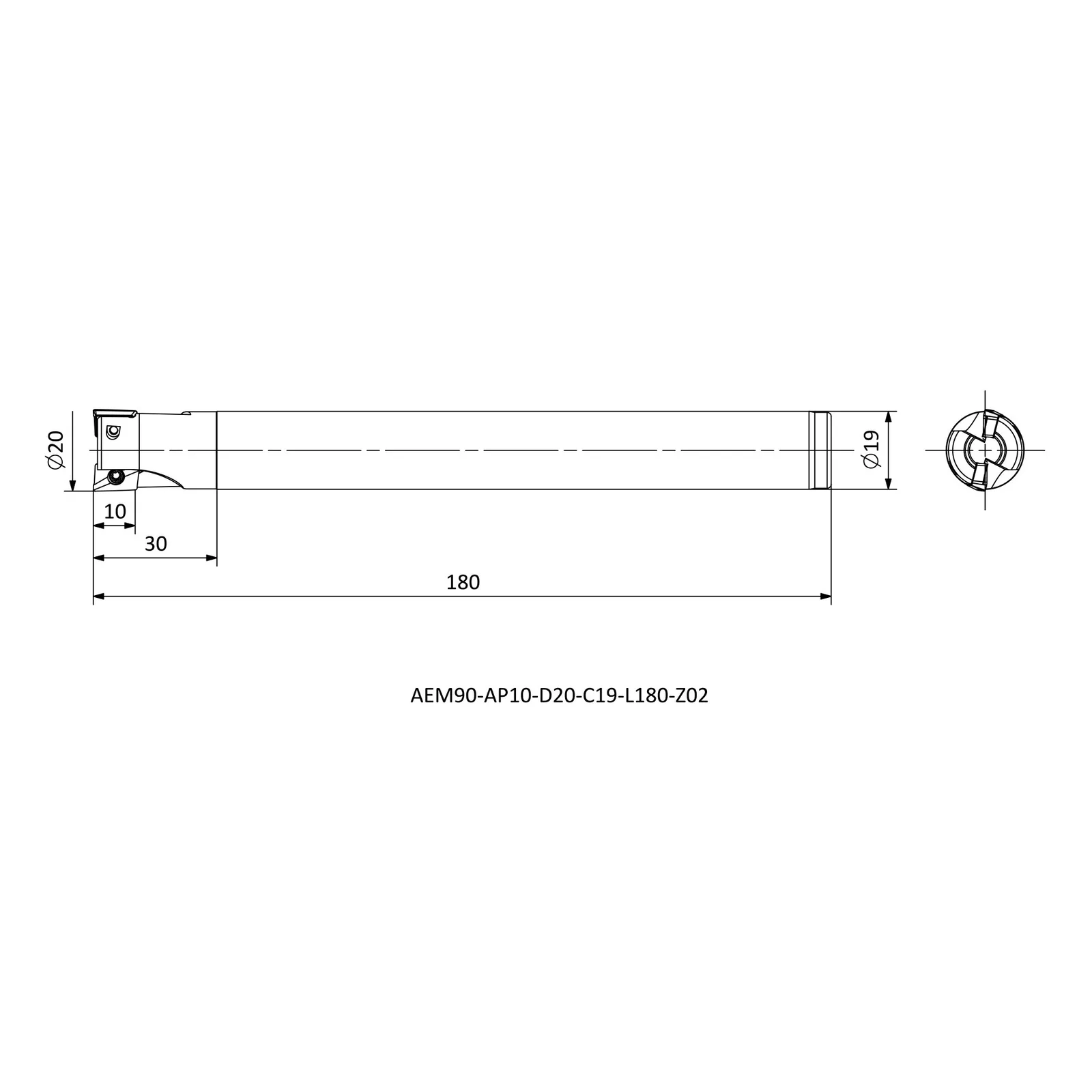 AEM90-AP10-D20-C19-L180-Z02 &mdash; dimensioned drawing
