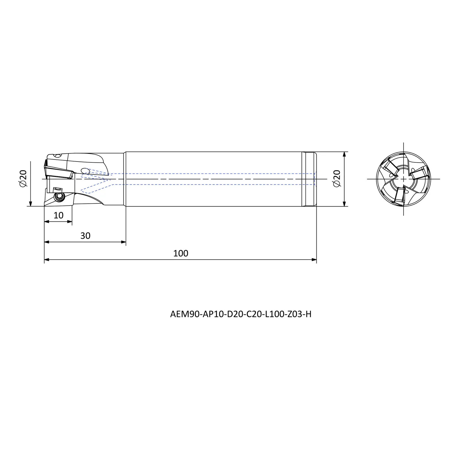 AEM90-AP10-D20-C20-L100-Z03-H &mdash; dimensioned drawing