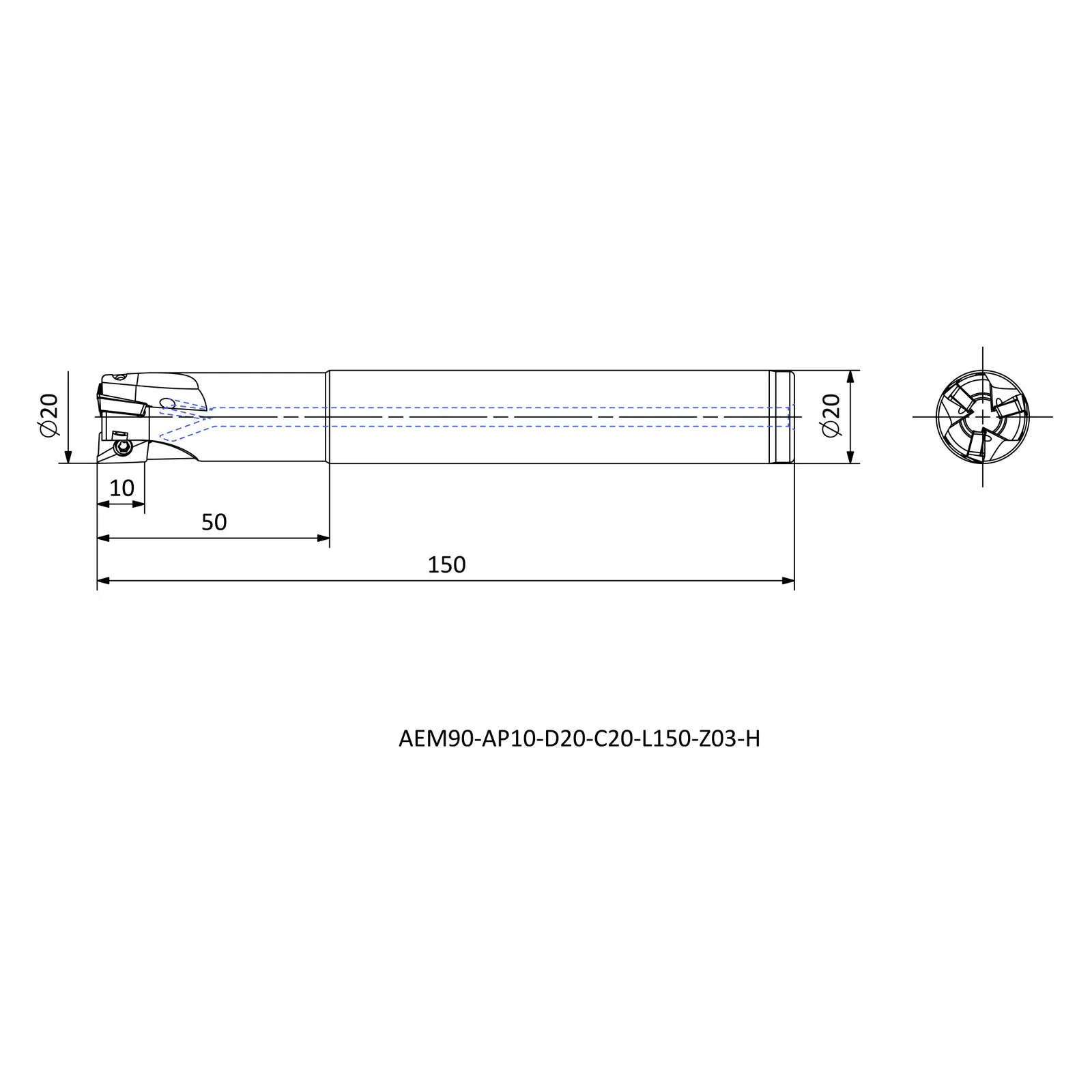 AEM90-AP10-D20-C20-L150-Z03-H &mdash; dimensioned drawing