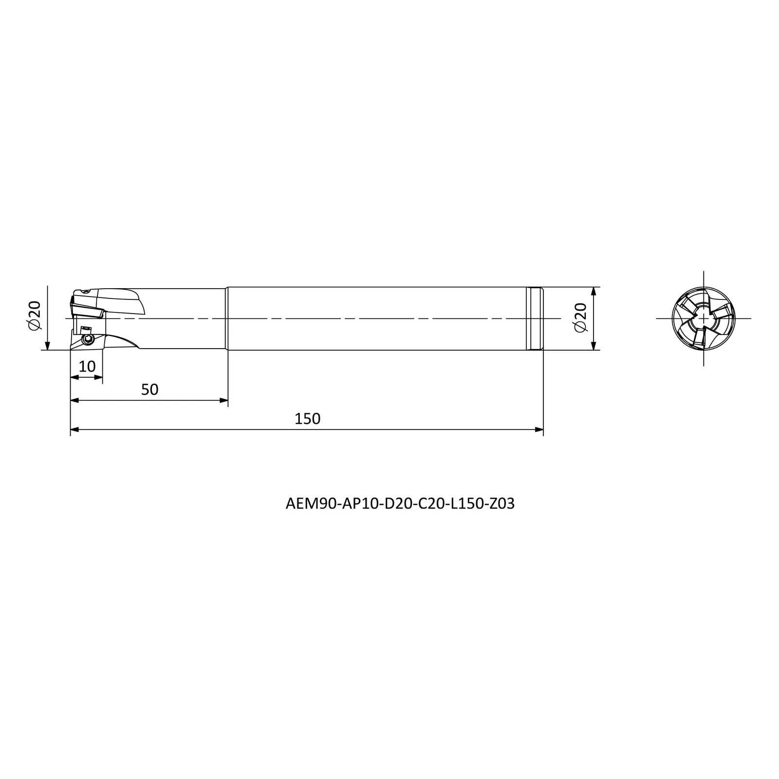 AEM90-AP10-D20-C20-L150-Z03 &mdash; dimensioned drawing