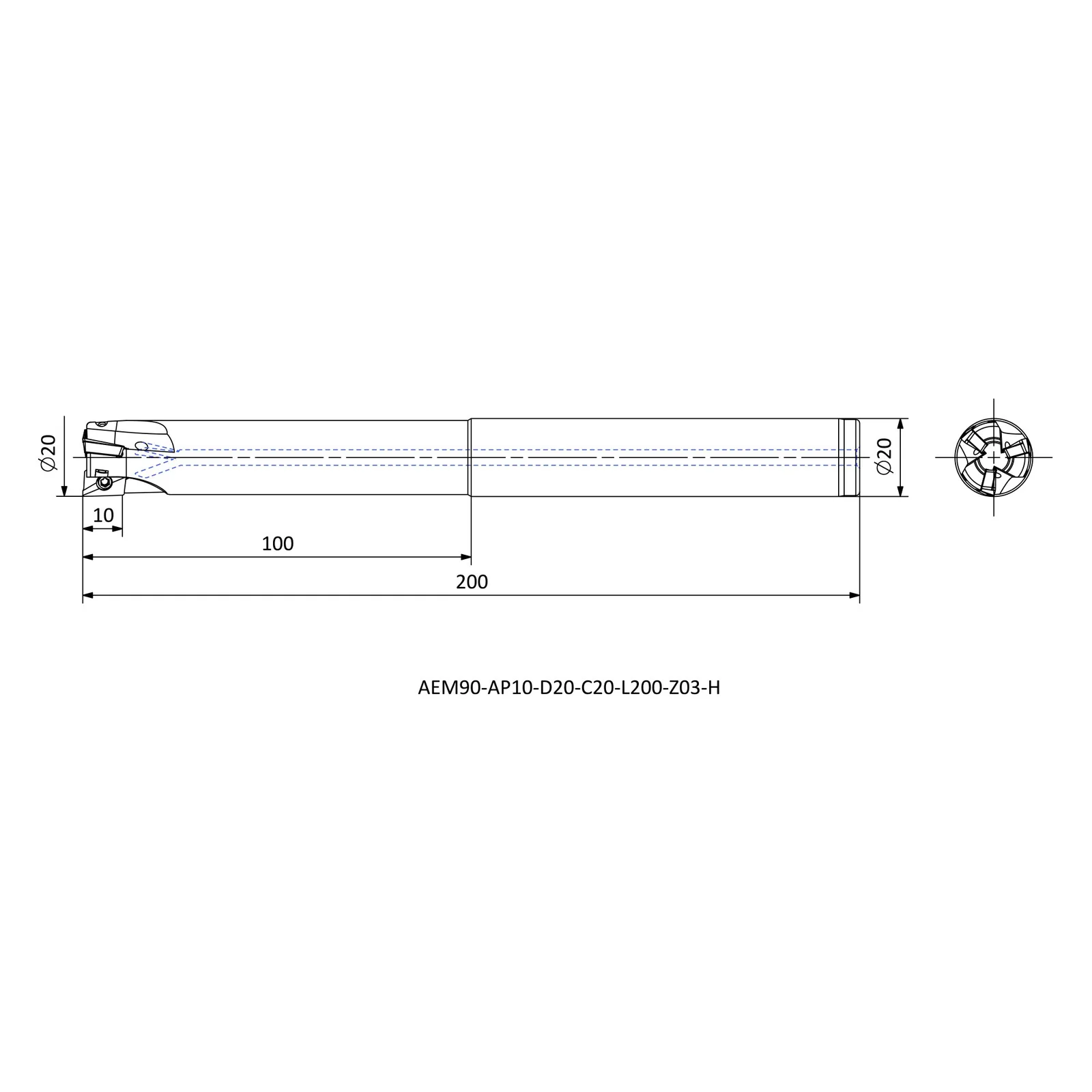 AEM90-AP10-D20-C20-L200-Z03-H &mdash; dimensioned drawing