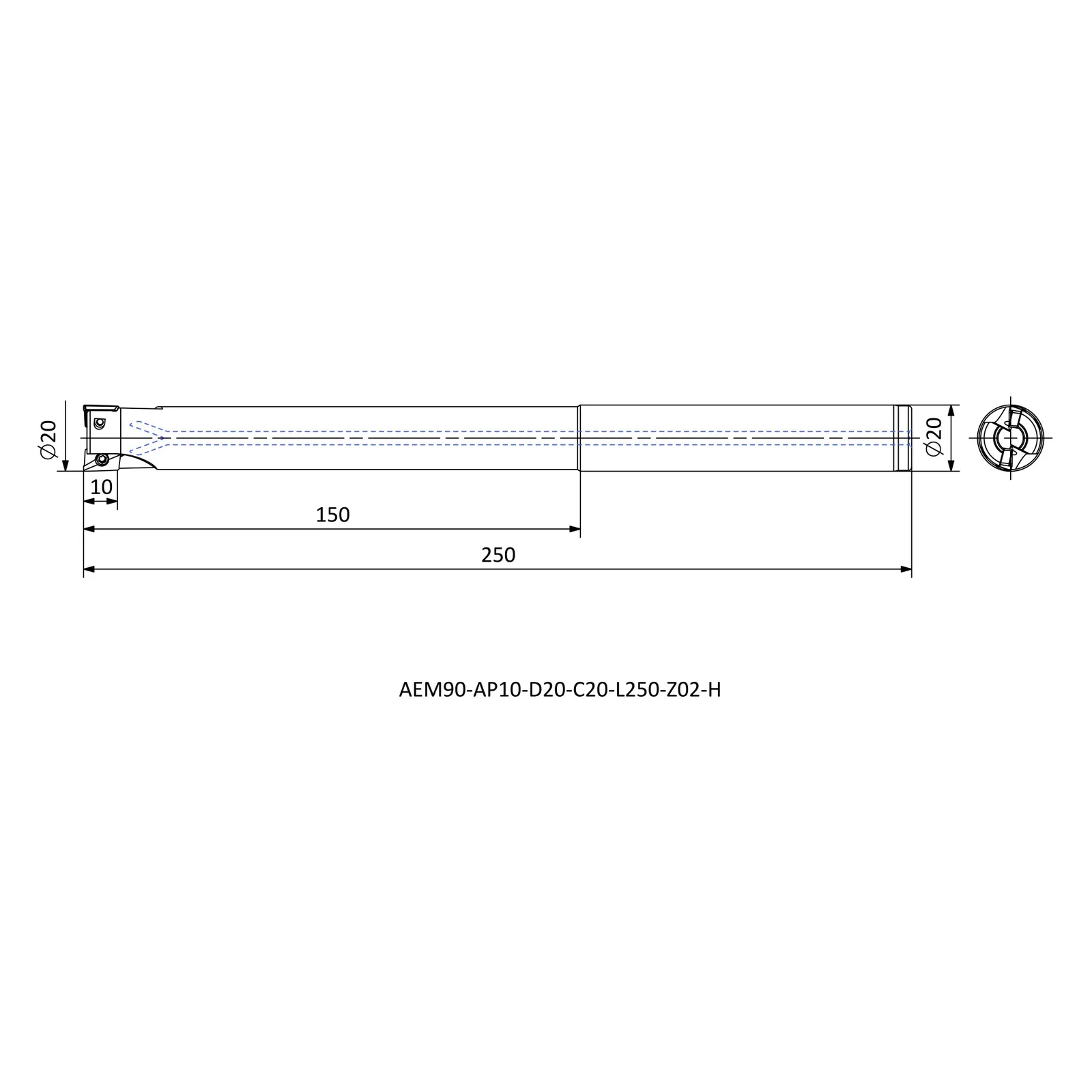 AEM90-AP10-D20-C20-L250-Z02-H &mdash; dimensioned drawing