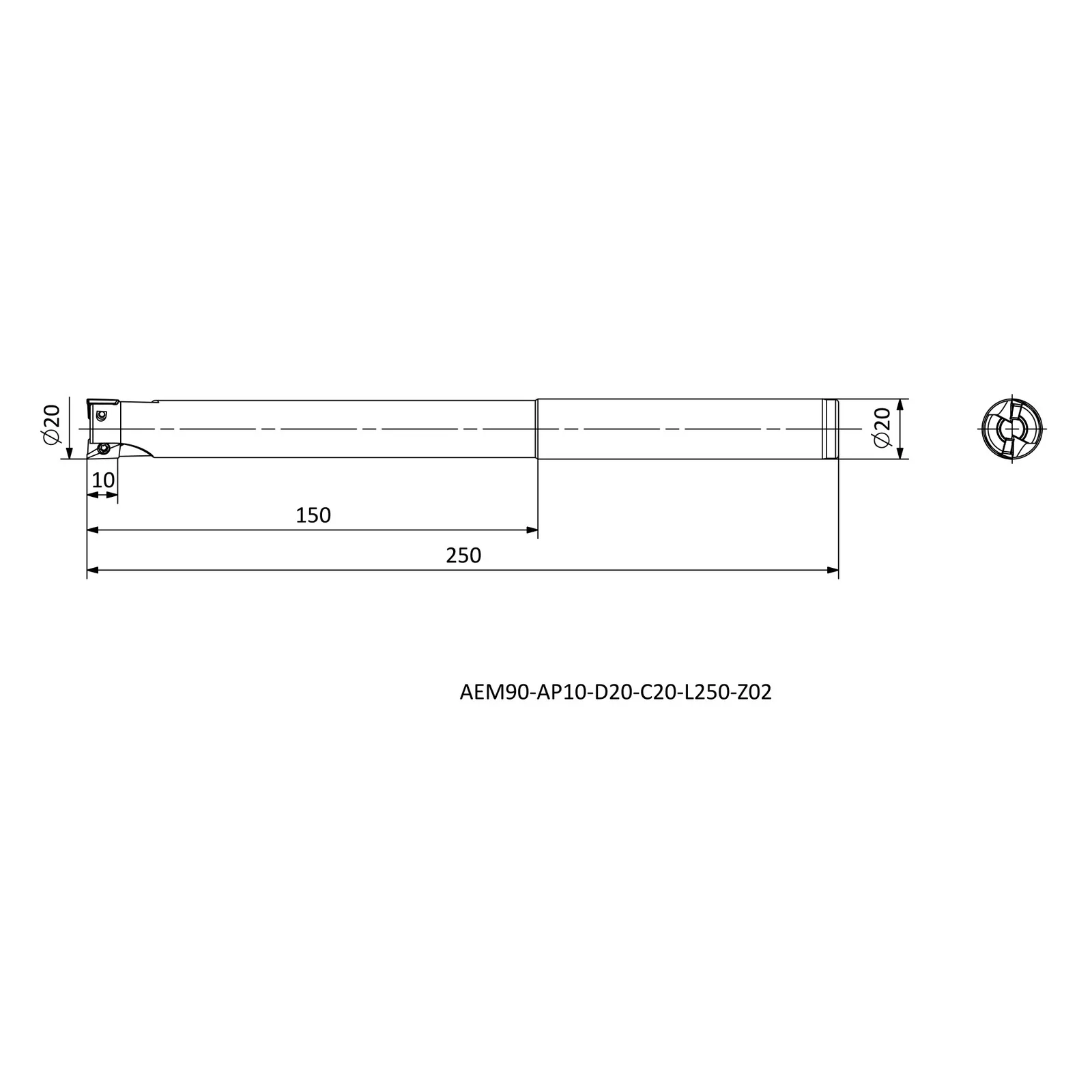 AEM90-AP10-D20-C20-L250-Z02 &mdash; dimensioned drawing