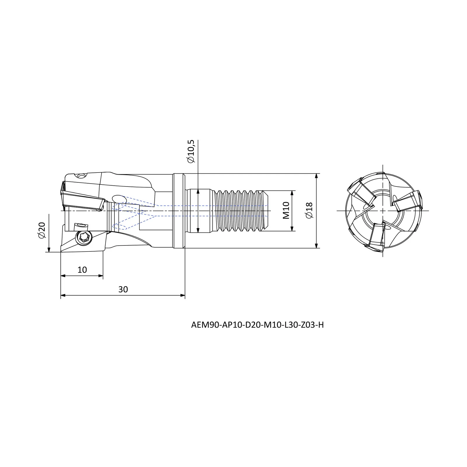 AEM90-AP10-D20-M10-L30-Z03-H &mdash; dimensioned drawing