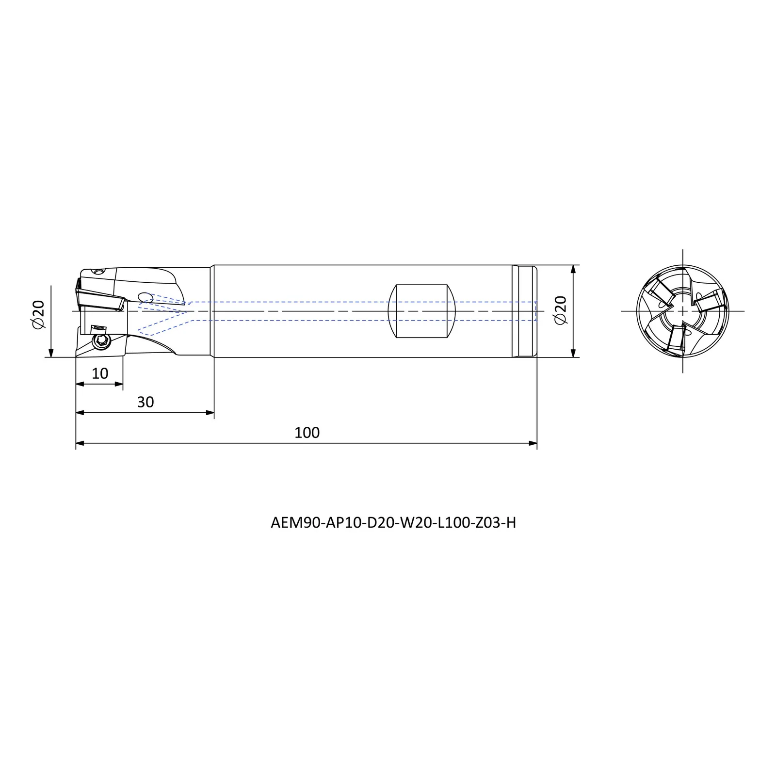 AEM90-AP10-D20-W20-L100-Z03-H &mdash; dimensioned drawing
