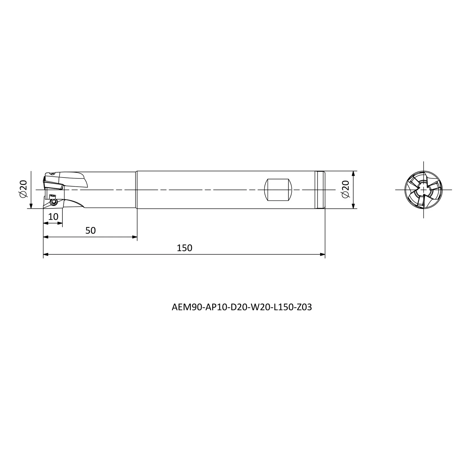AEM90-AP10-D20-W20-L150-Z03 &mdash; dimensioned drawing