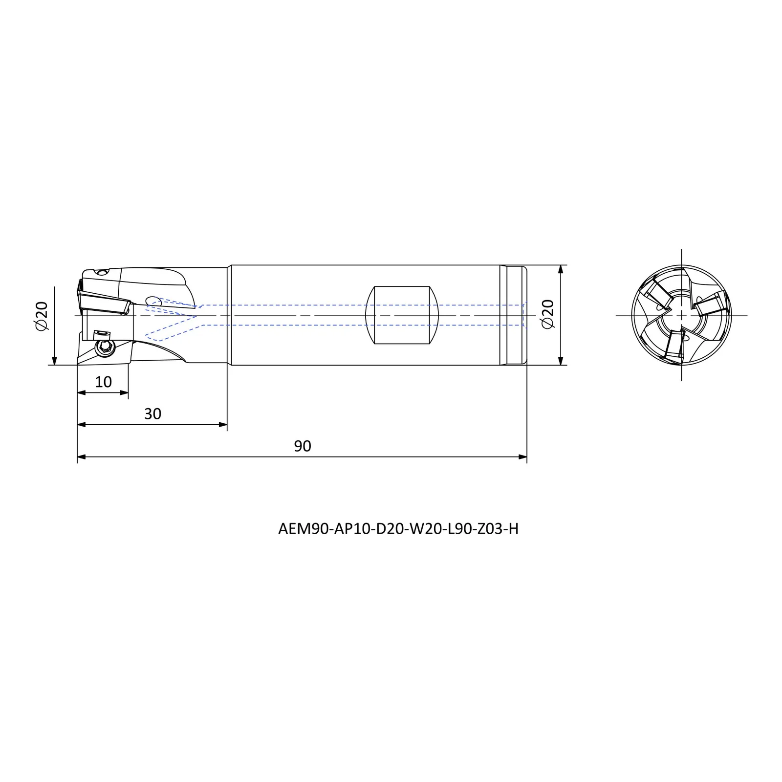 AEM90-AP10-D20-W20-L90-Z03-H &mdash; dimensioned drawing