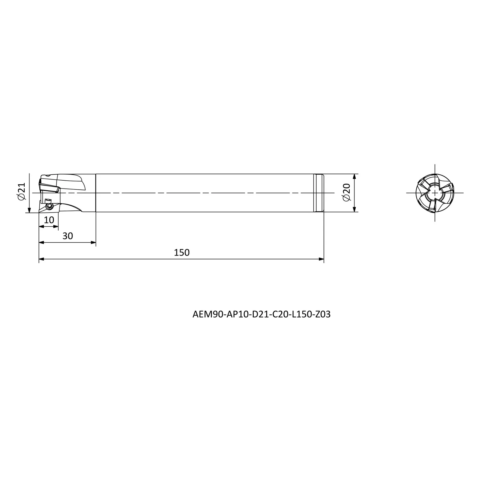 AEM90-AP10-D21-C20-L150-Z03 &mdash; dimensioned drawing