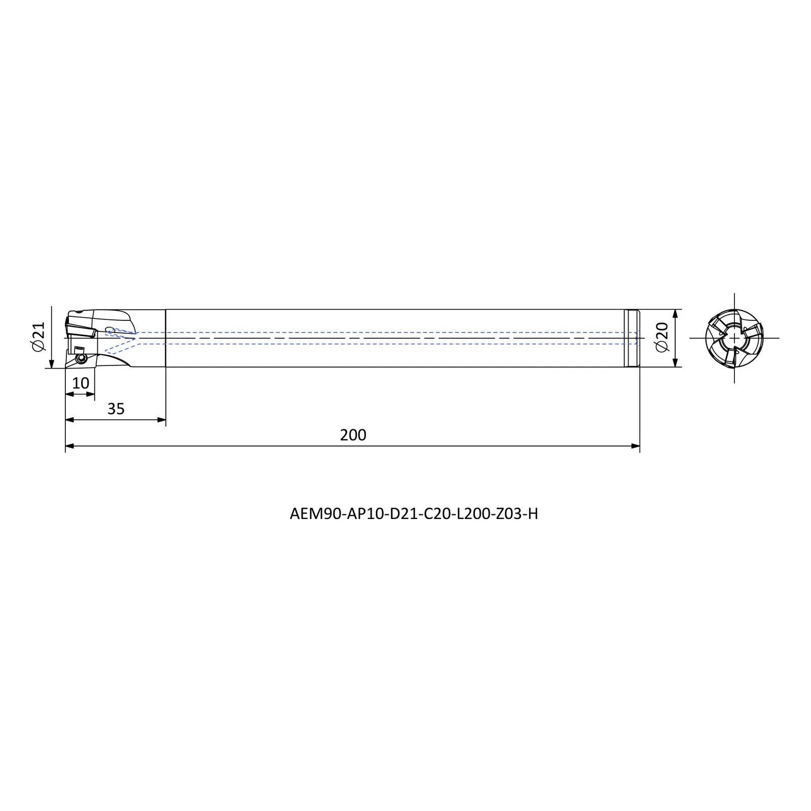 AEM90-AP10-D21-C20-L200-Z03-H &mdash; dimensioned drawing