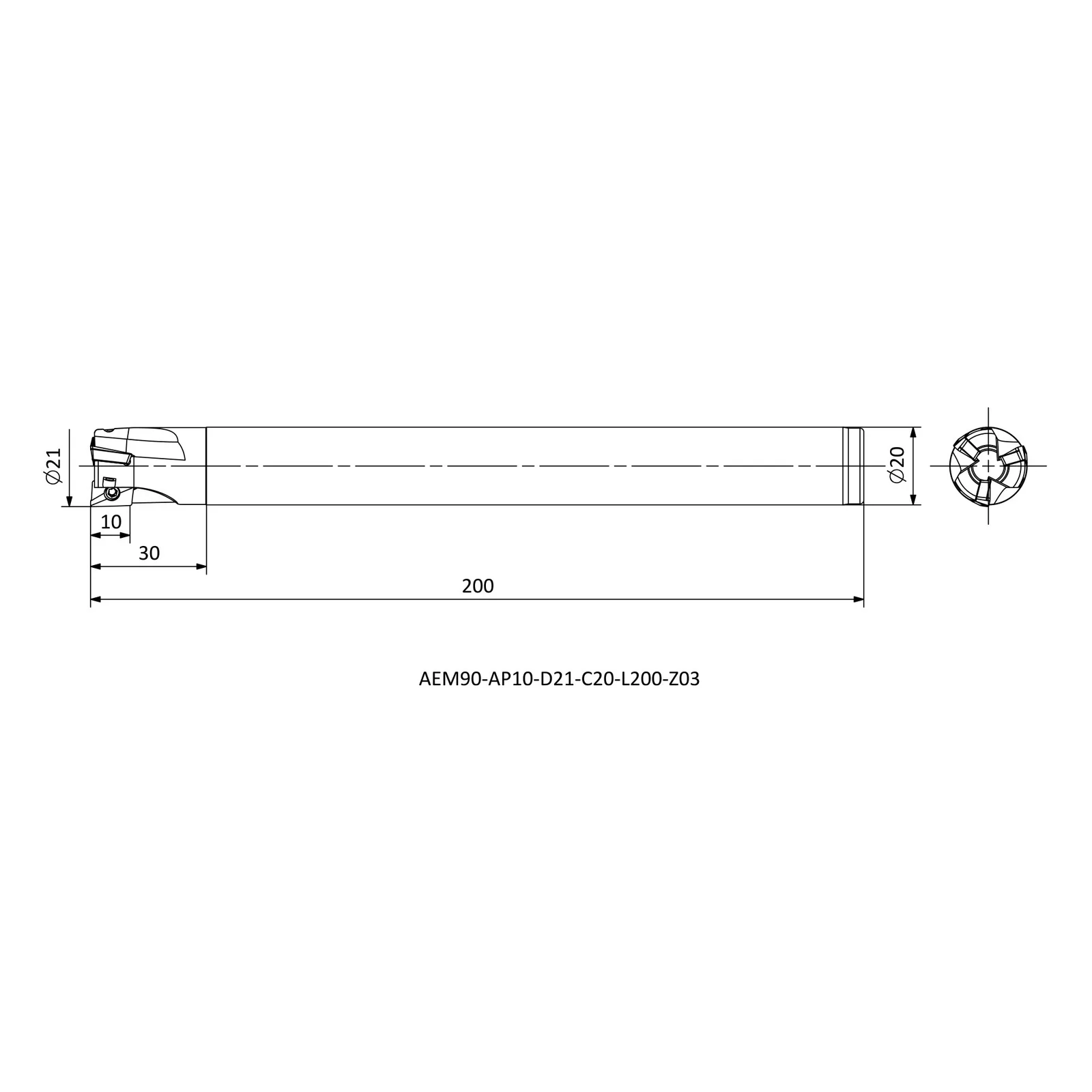 AEM90-AP10-D21-C20-L200-Z03 &mdash; dimensioned drawing