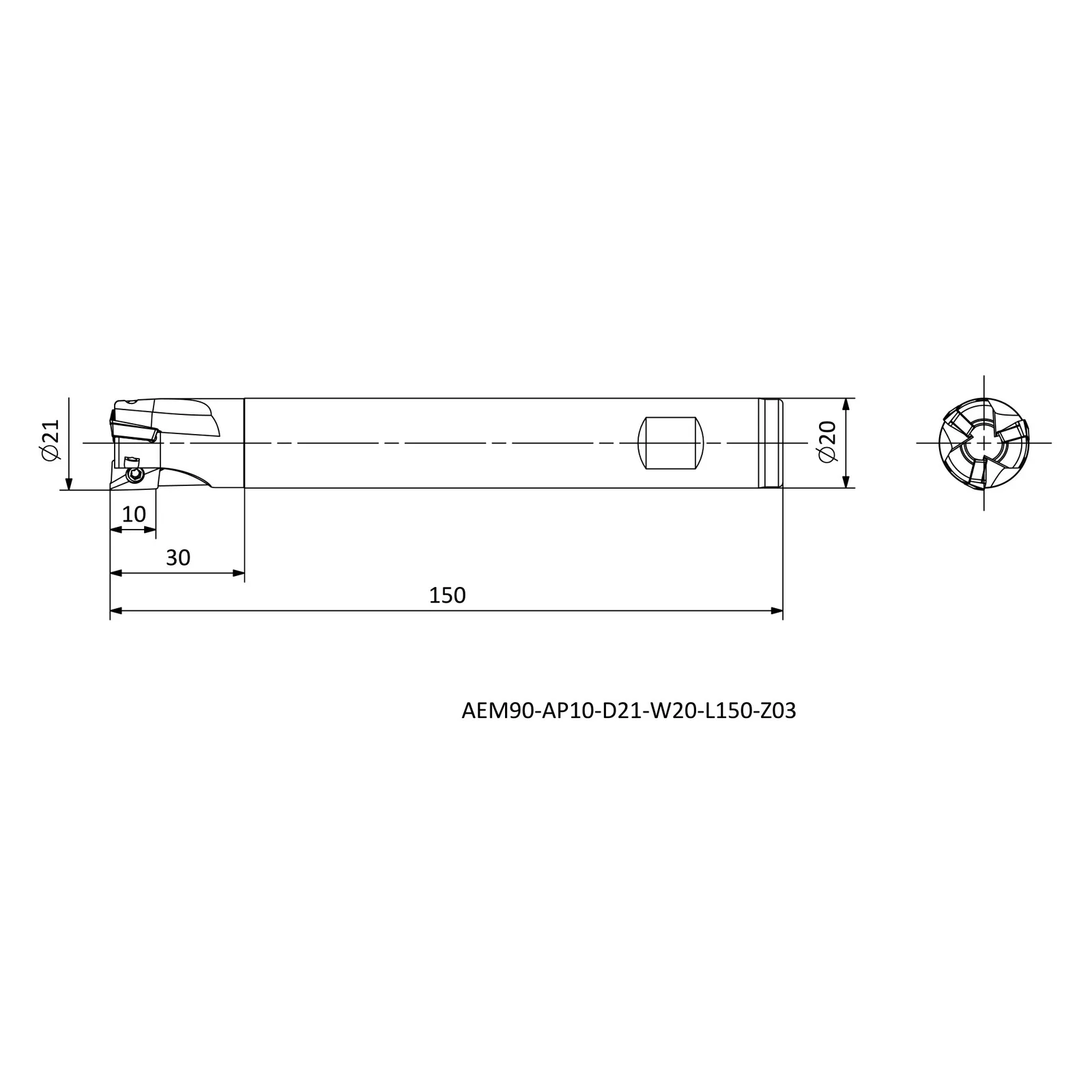 AEM90-AP10-D21-W20-L150-Z03 &mdash; dimensioned drawing