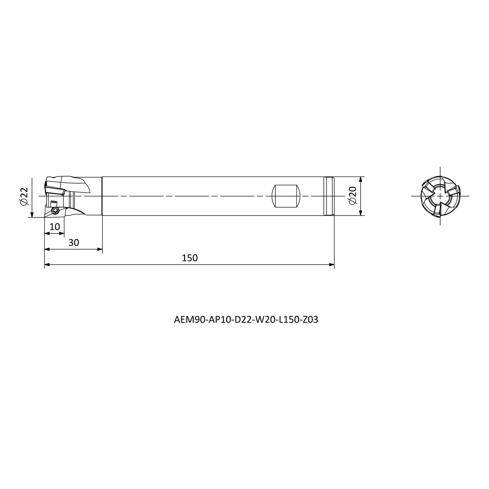 AEM90-AP10-D22-W20-L150-Z03 &mdash; dimensioned drawing
