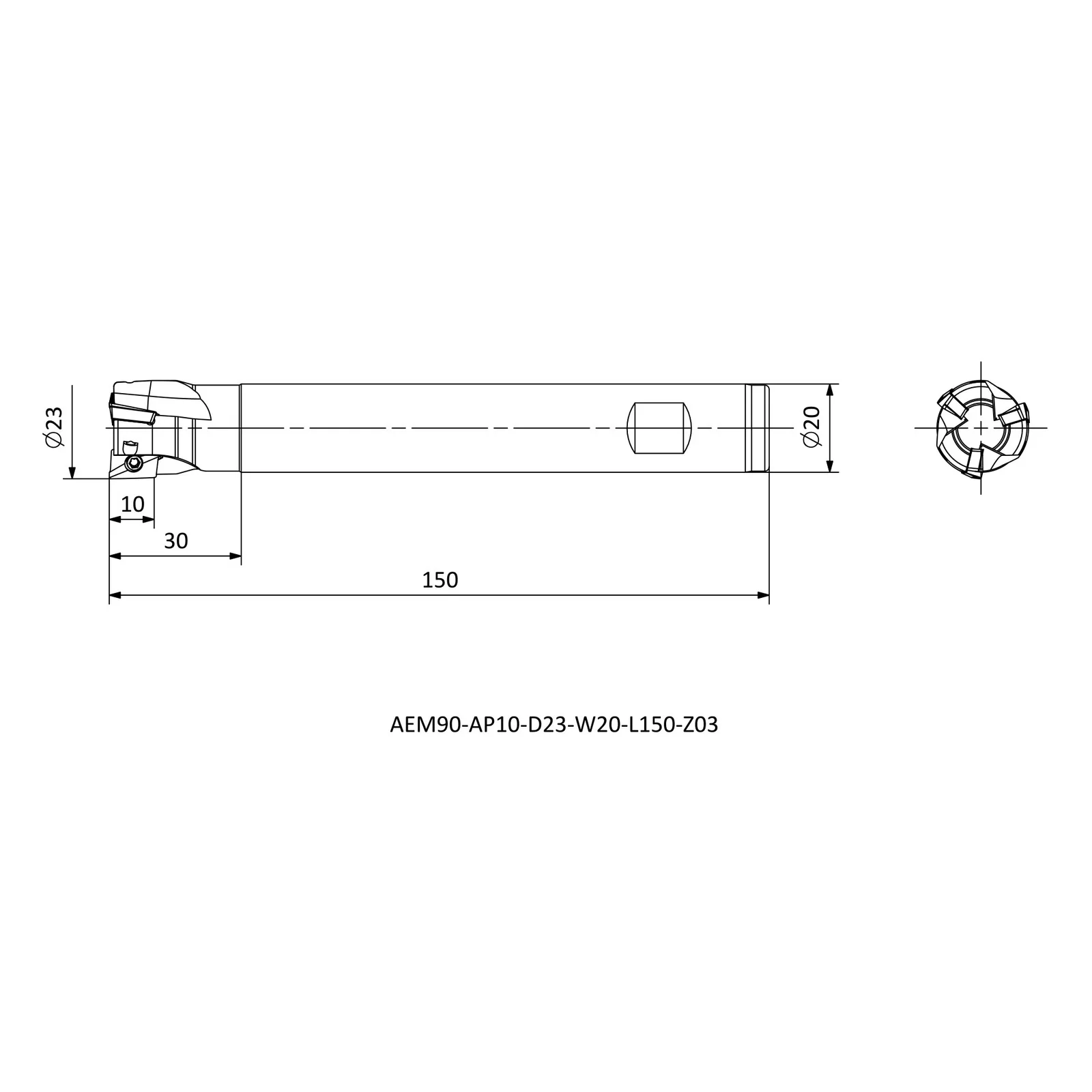 AEM90-AP10-D23-W20-L150-Z03 &mdash; dimensioned drawing