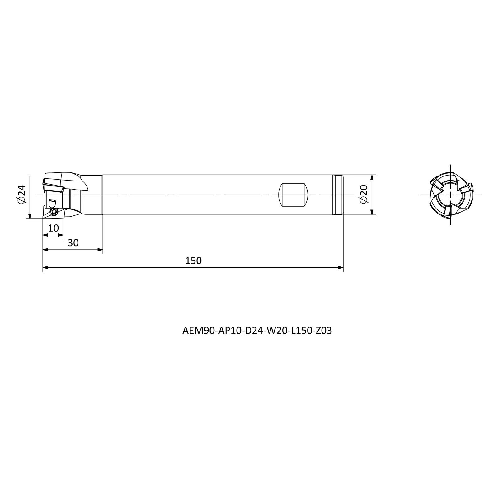 AEM90-AP10-D24-W20-L150-Z03 &mdash; dimensioned drawing