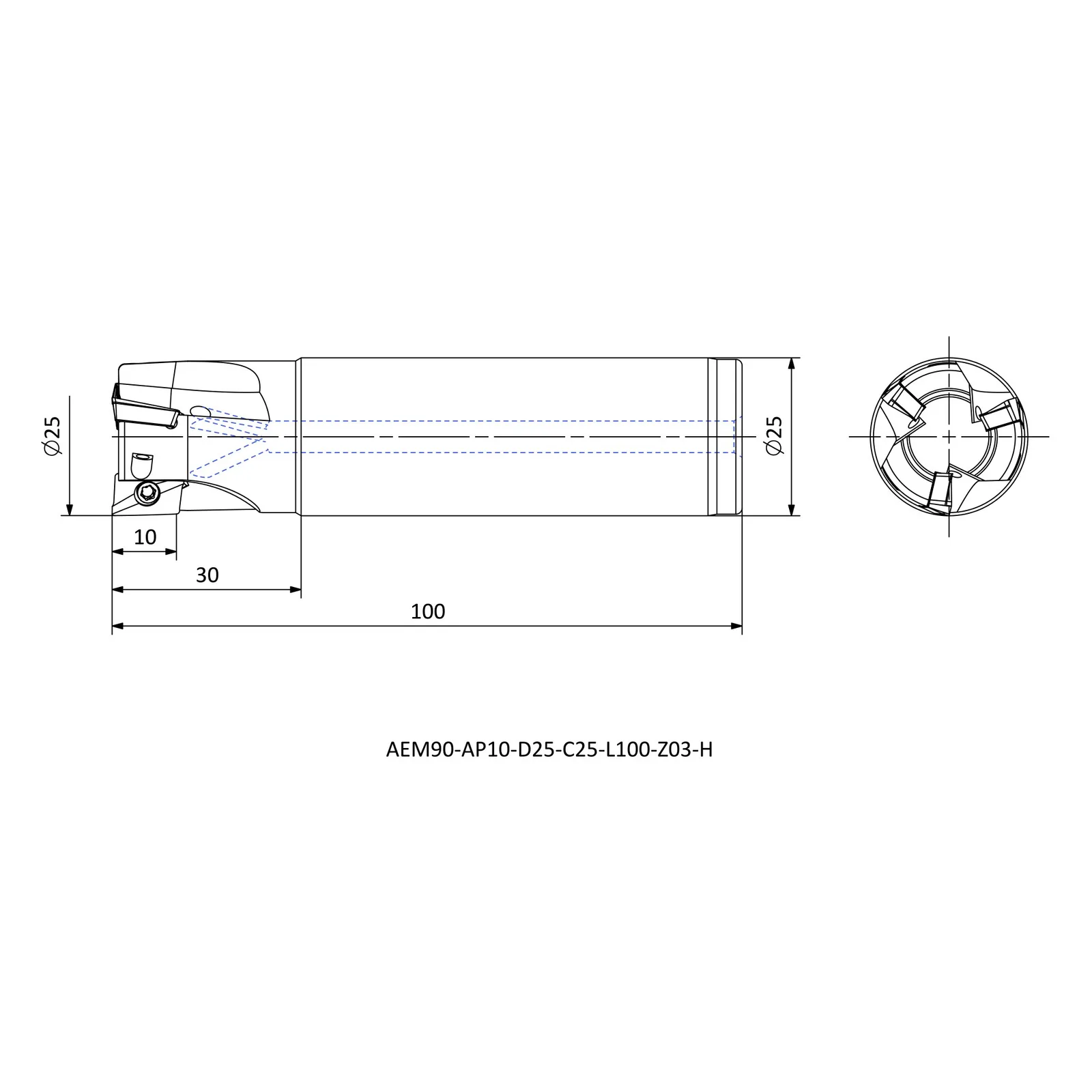 AEM90-AP10-D25-C25-L100-Z03-H &mdash; dimensioned drawing