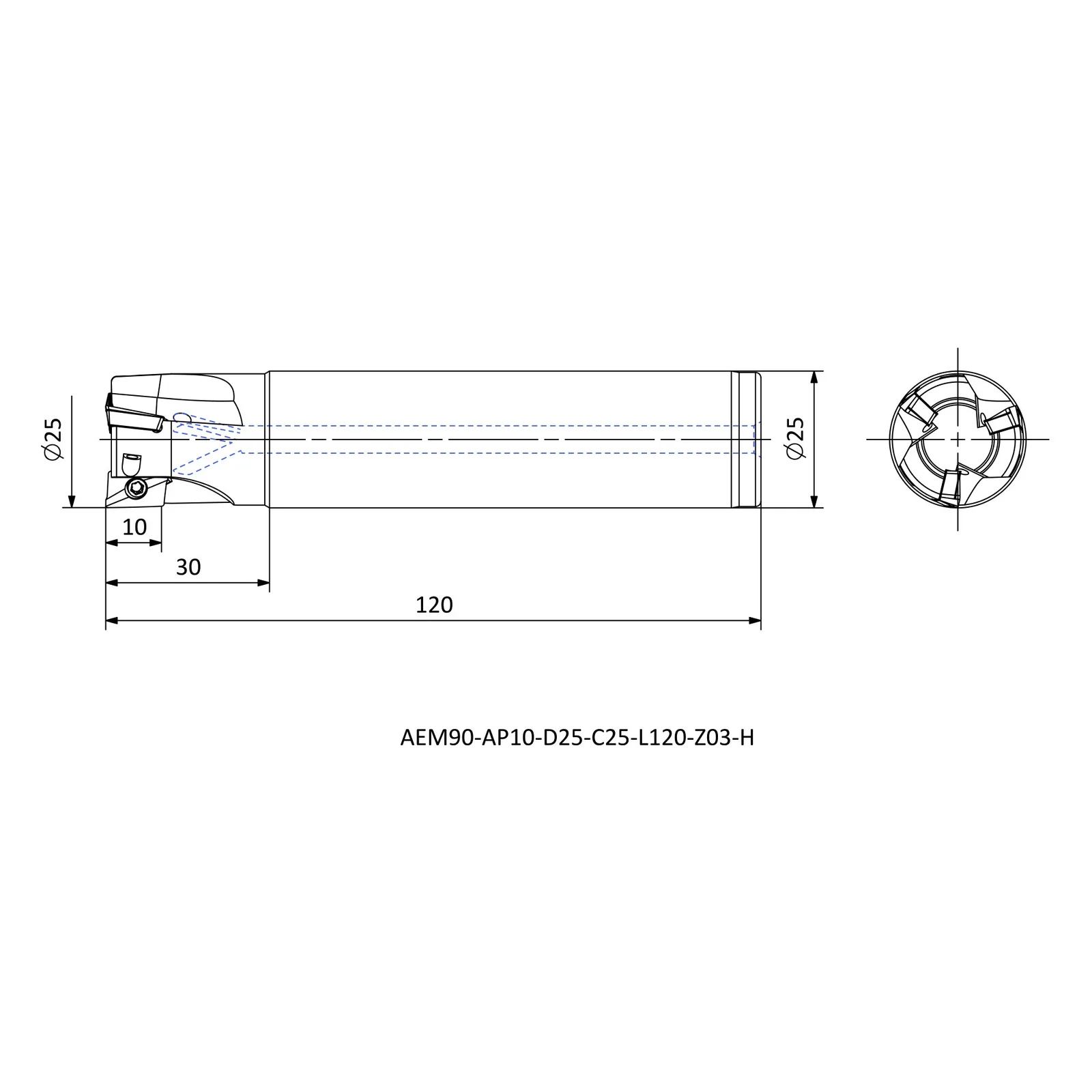 AEM90-AP10-D25-C25-L120-Z03-H &mdash; dimensioned drawing