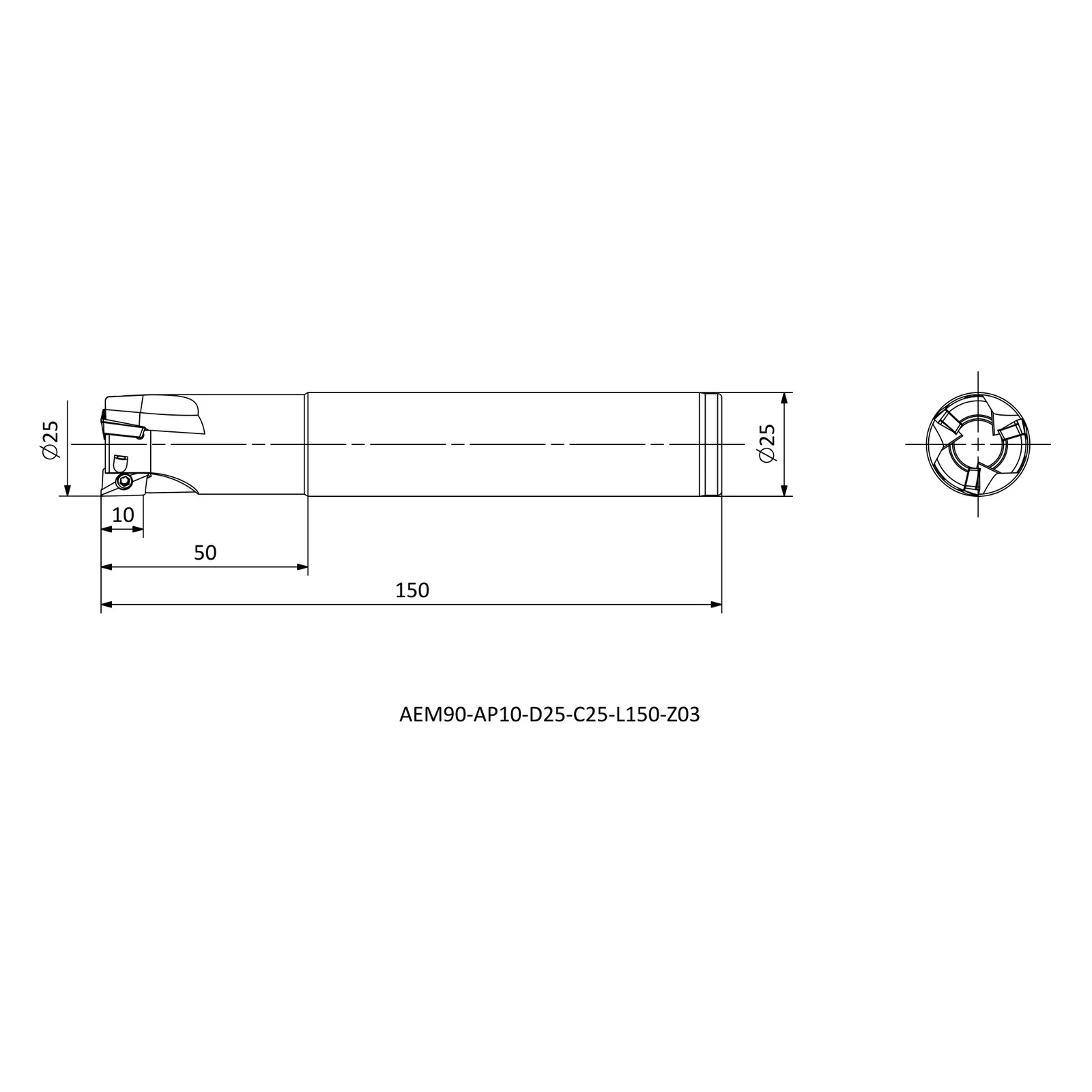AEM90-AP10-D25-C25-L150-Z03 &mdash; dimensioned drawing
