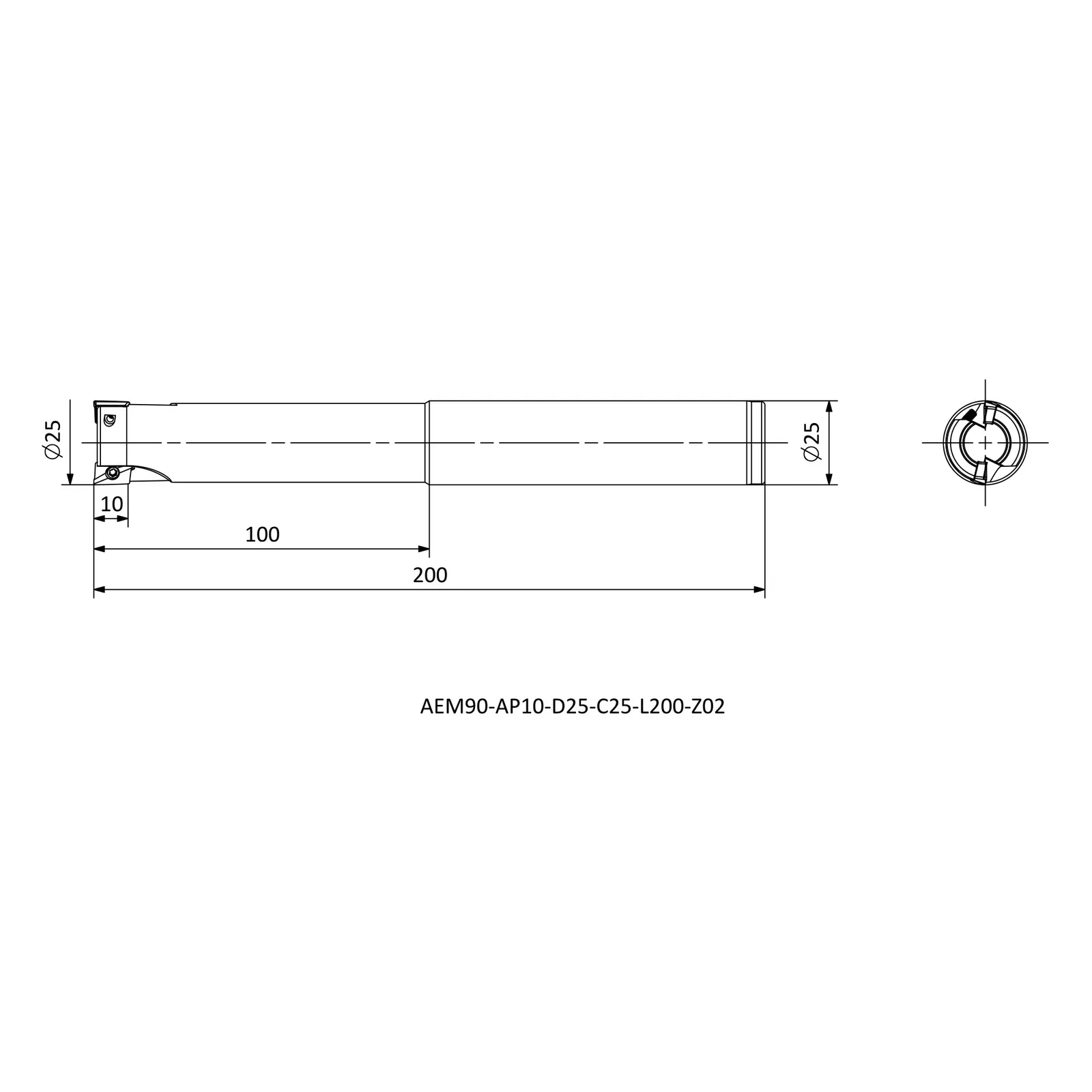 AEM90-AP10-D25-C25-L200-Z02 &mdash; dimensioned drawing