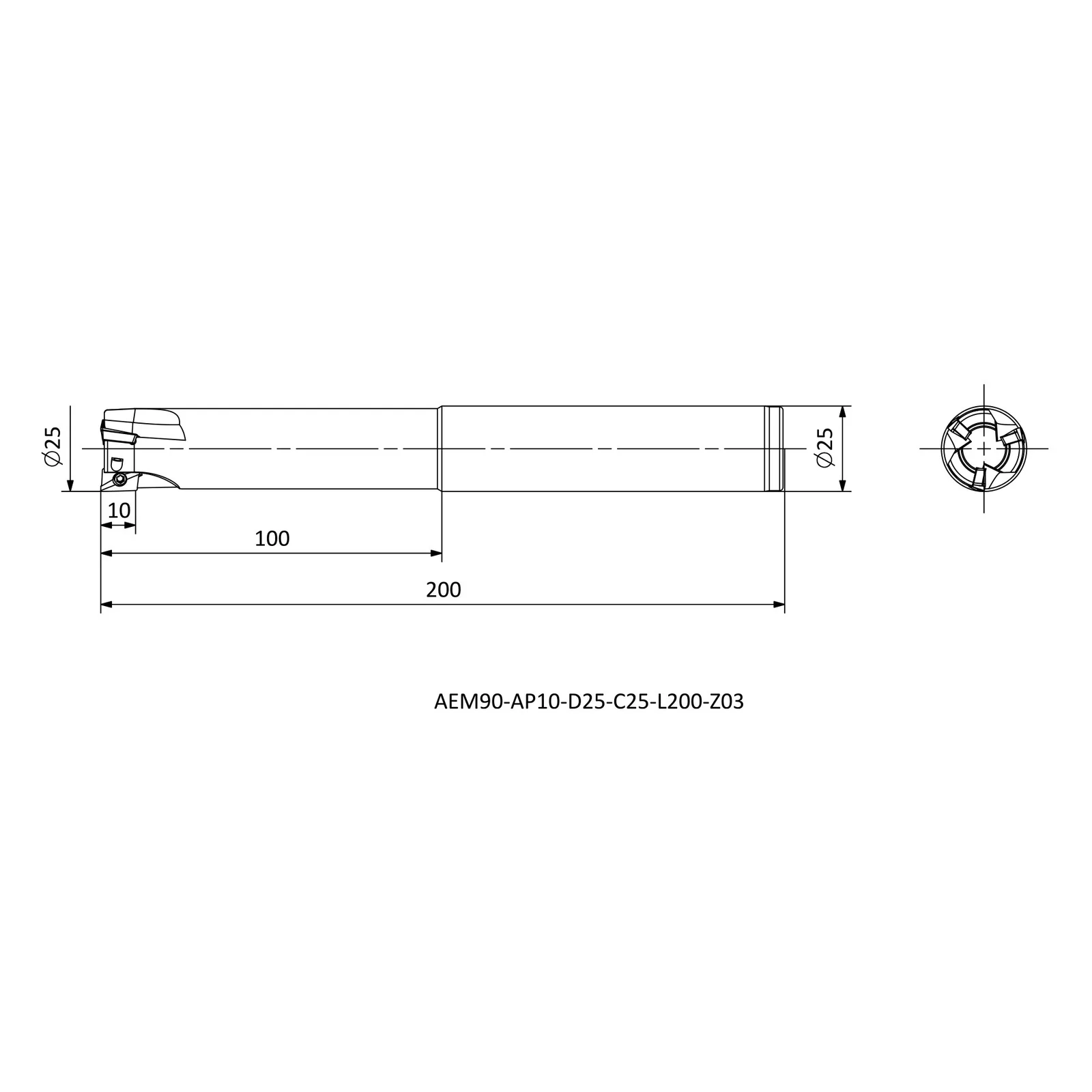 AEM90-AP10-D25-C25-L200-Z03 &mdash; dimensioned drawing