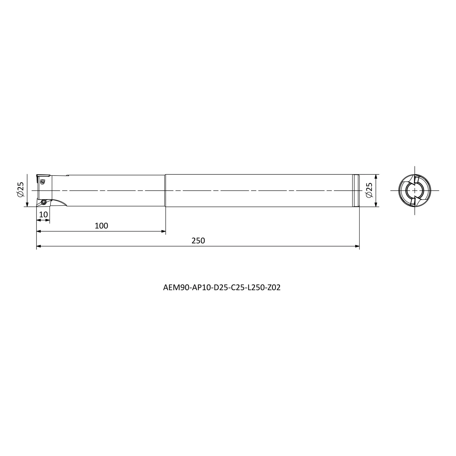 AEM90-AP10-D25-C25-L250-Z02 &mdash; dimensioned drawing