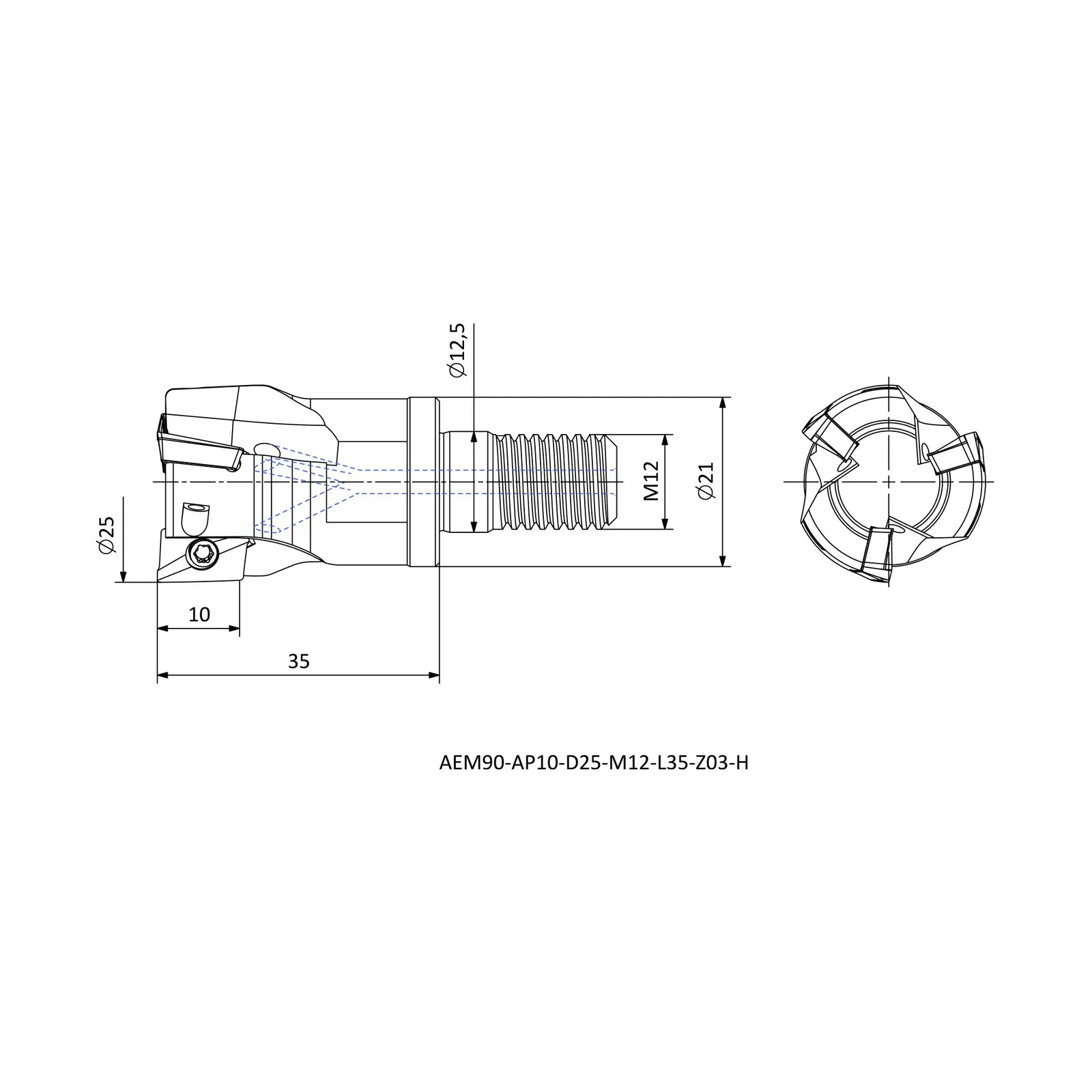 AEM90-AP10-D25-M12-L35-Z03-H &mdash; dimensioned drawing