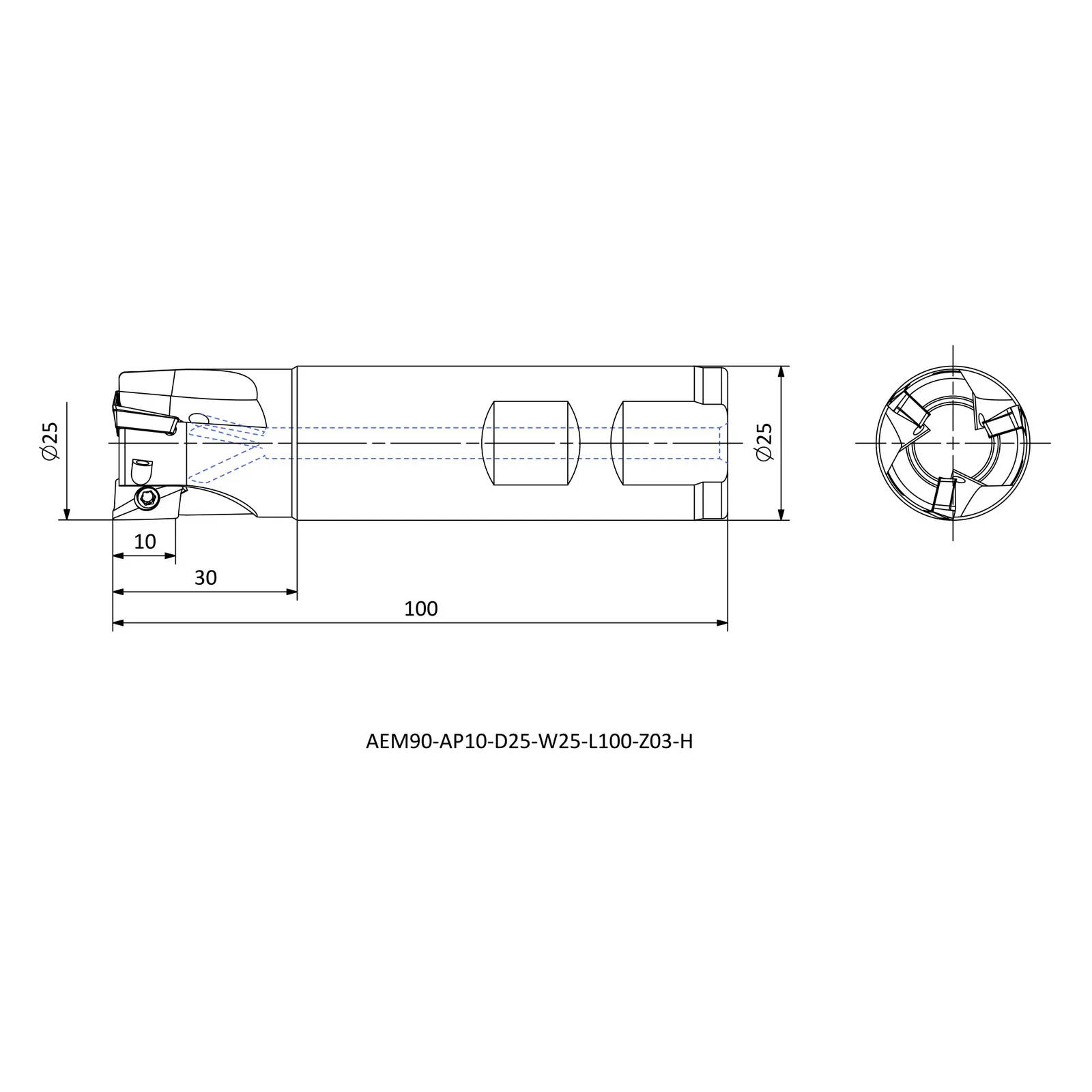 AEM90-AP10-D25-W25-L100-Z03-H &mdash; dimensioned drawing
