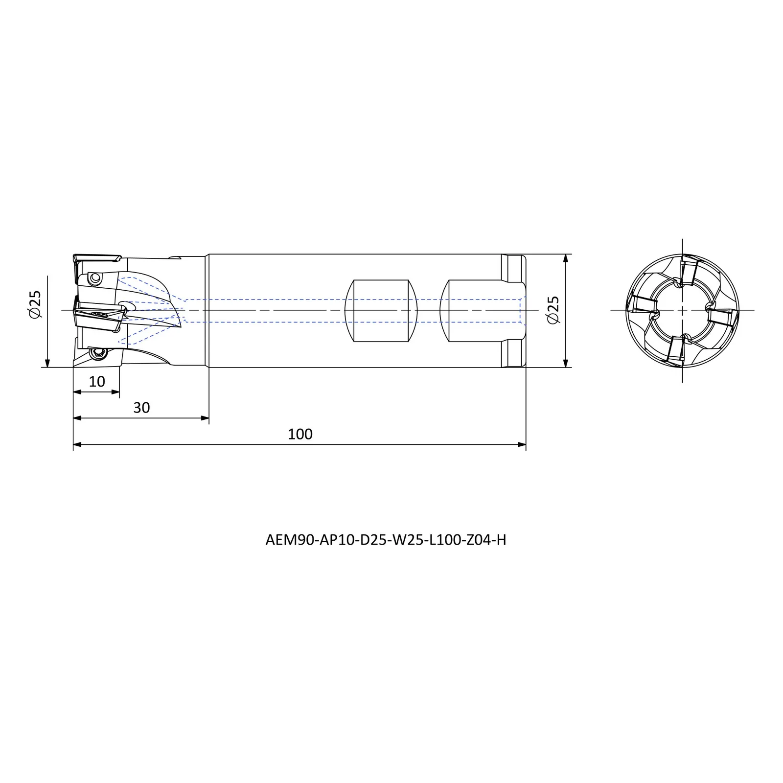 AEM90-AP10-D25-W25-L100-Z04-H &mdash; dimensioned drawing