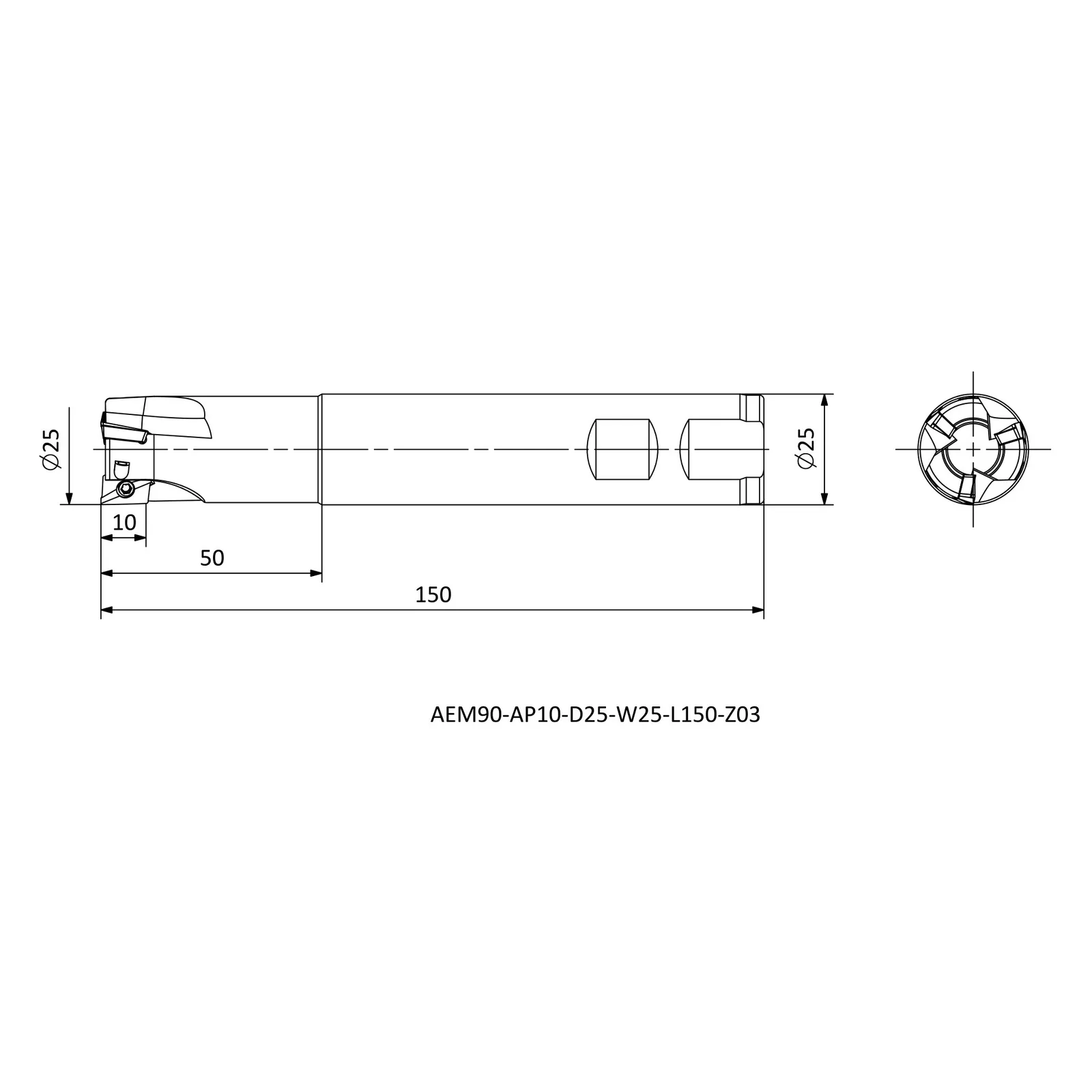 AEM90-AP10-D25-W25-L150-Z03 &mdash; dimensioned drawing