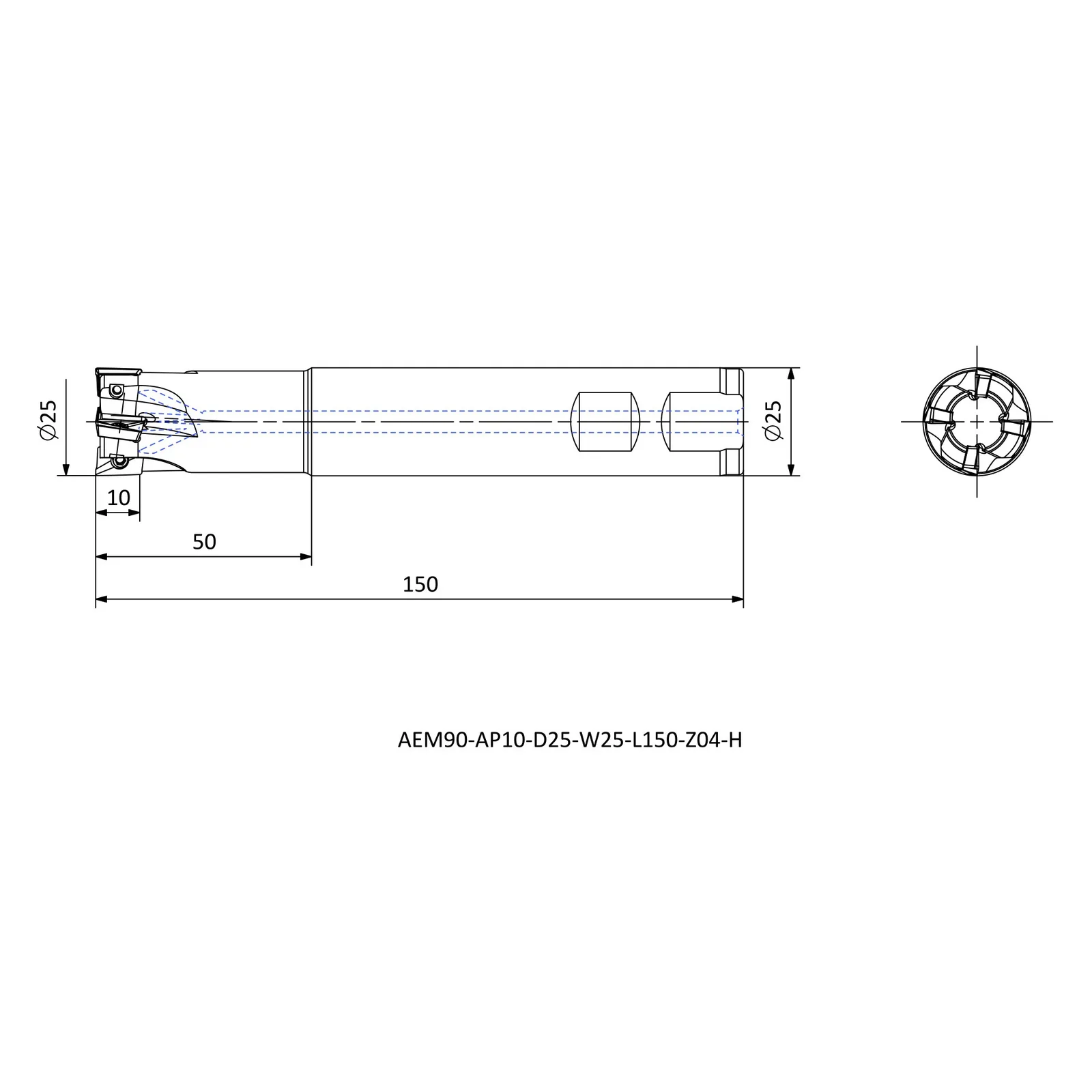 AEM90-AP10-D25-W25-L150-Z04-H &mdash; dimensioned drawing