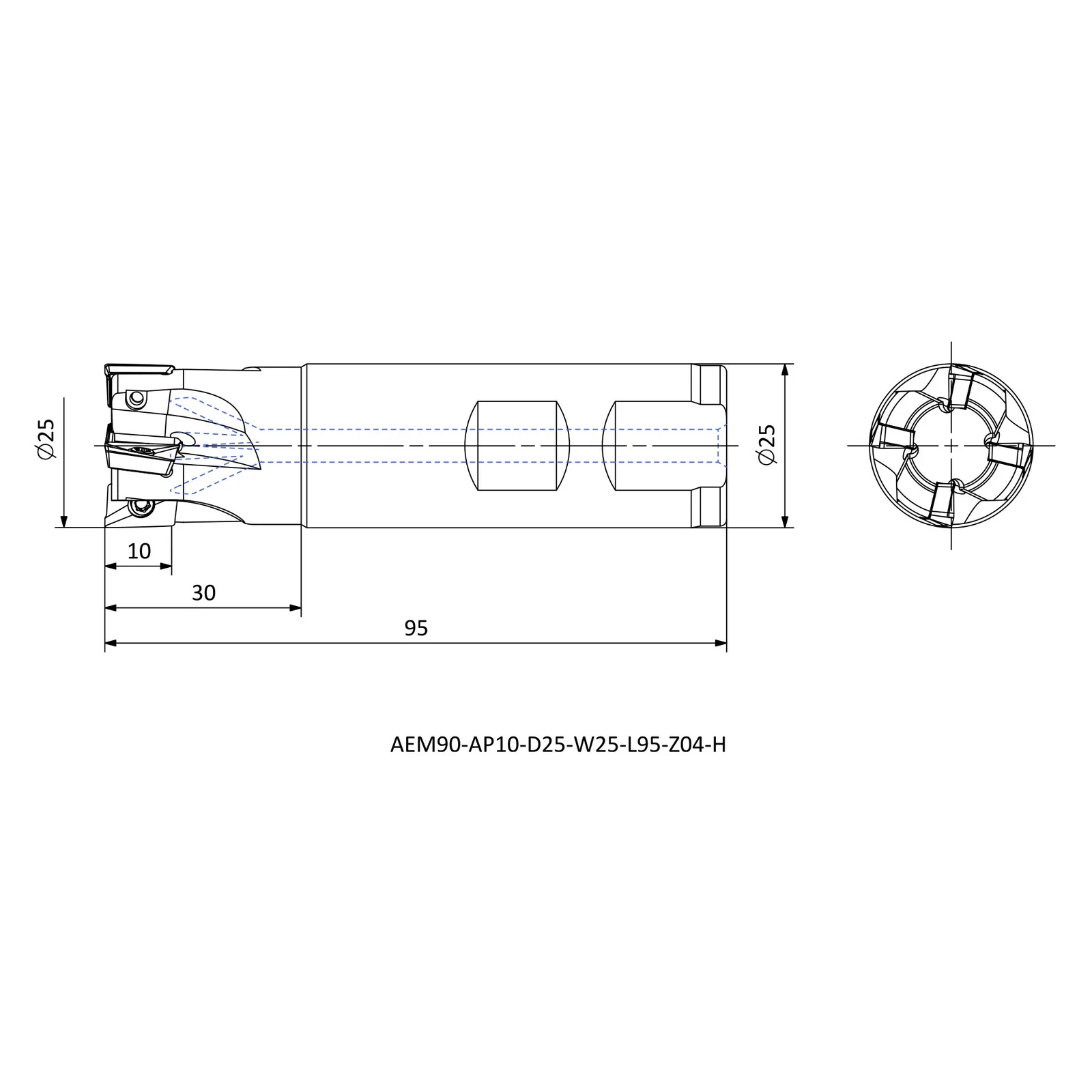 AEM90-AP10-D25-W25-L95-Z04-H &mdash; dimensioned drawing
