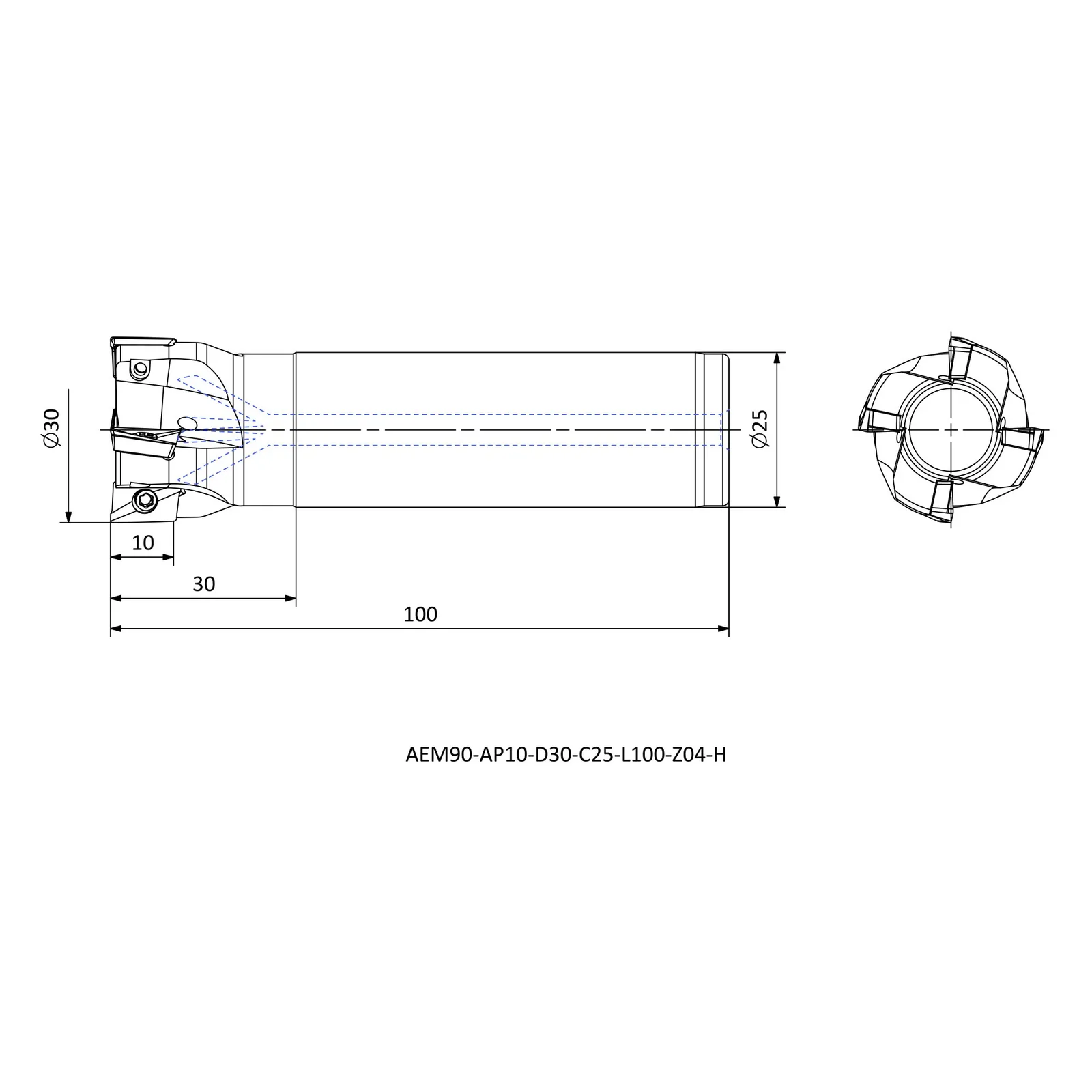 AEM90-AP10-D30-C25-L100-Z04-H &mdash; dimensioned drawing