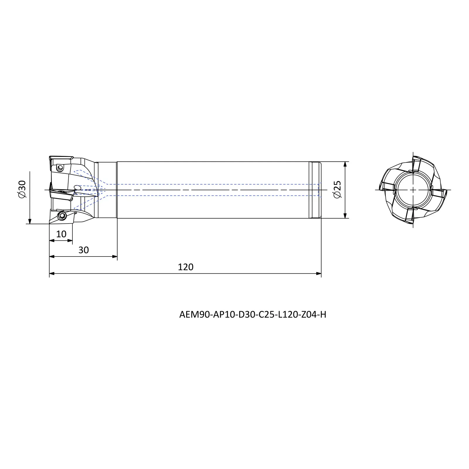 AEM90-AP10-D30-C25-L120-Z04-H &mdash; dimensioned drawing