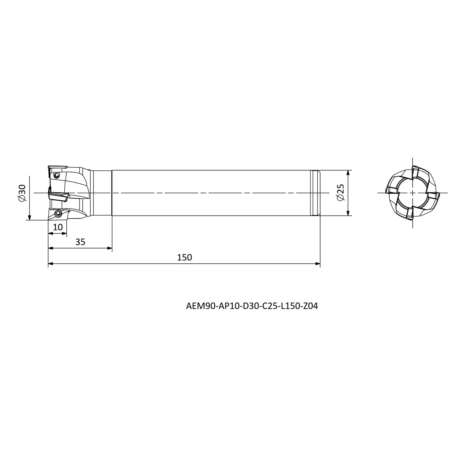AEM90-AP10-D30-C25-L150-Z04 &mdash; dimensioned drawing