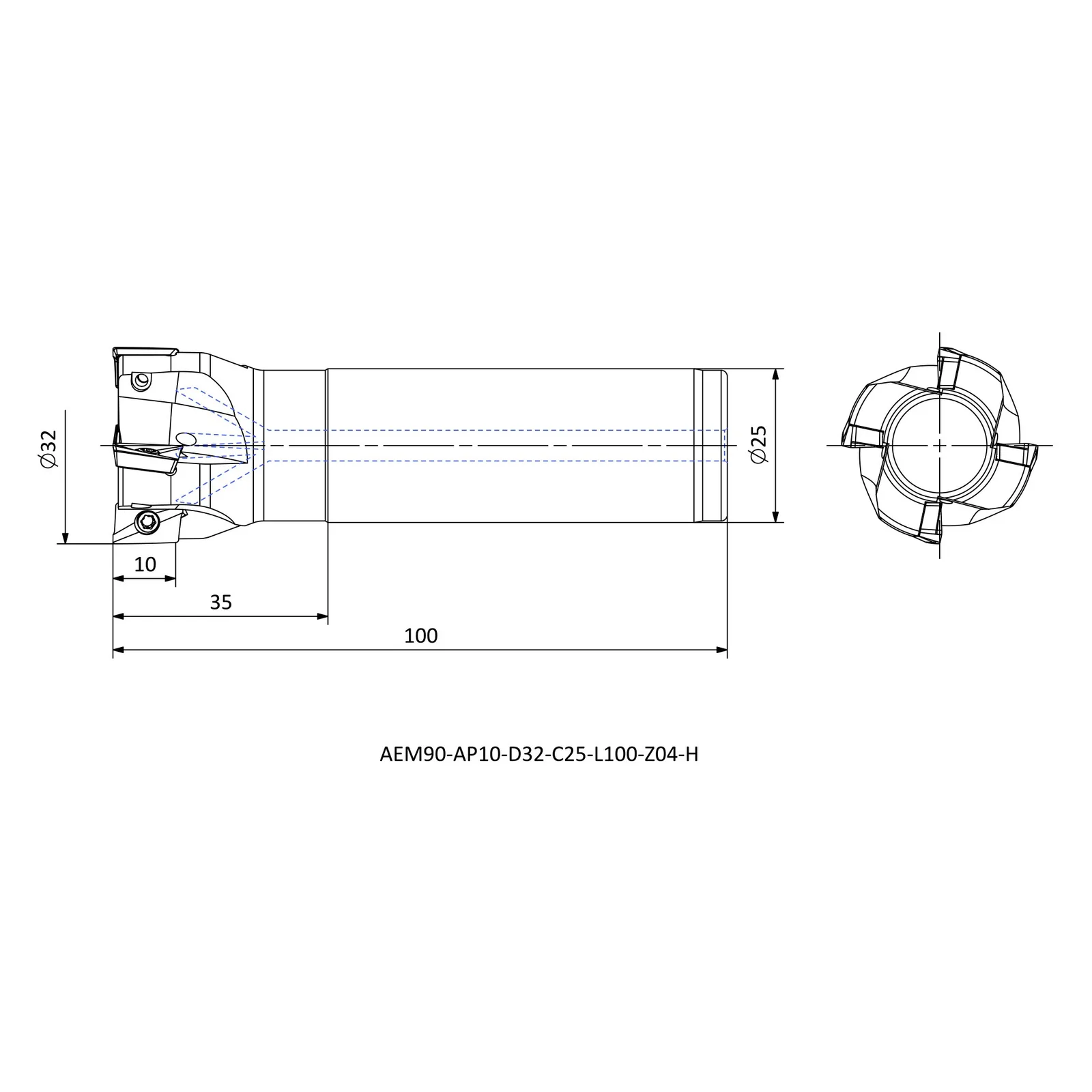 AEM90-AP10-D32-C25-L100-Z04-H &mdash; dimensioned drawing