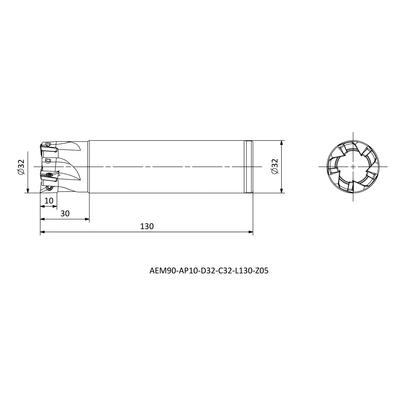 AEM90-AP10-D32-C32-L130-Z05 &mdash; dimensioned drawing