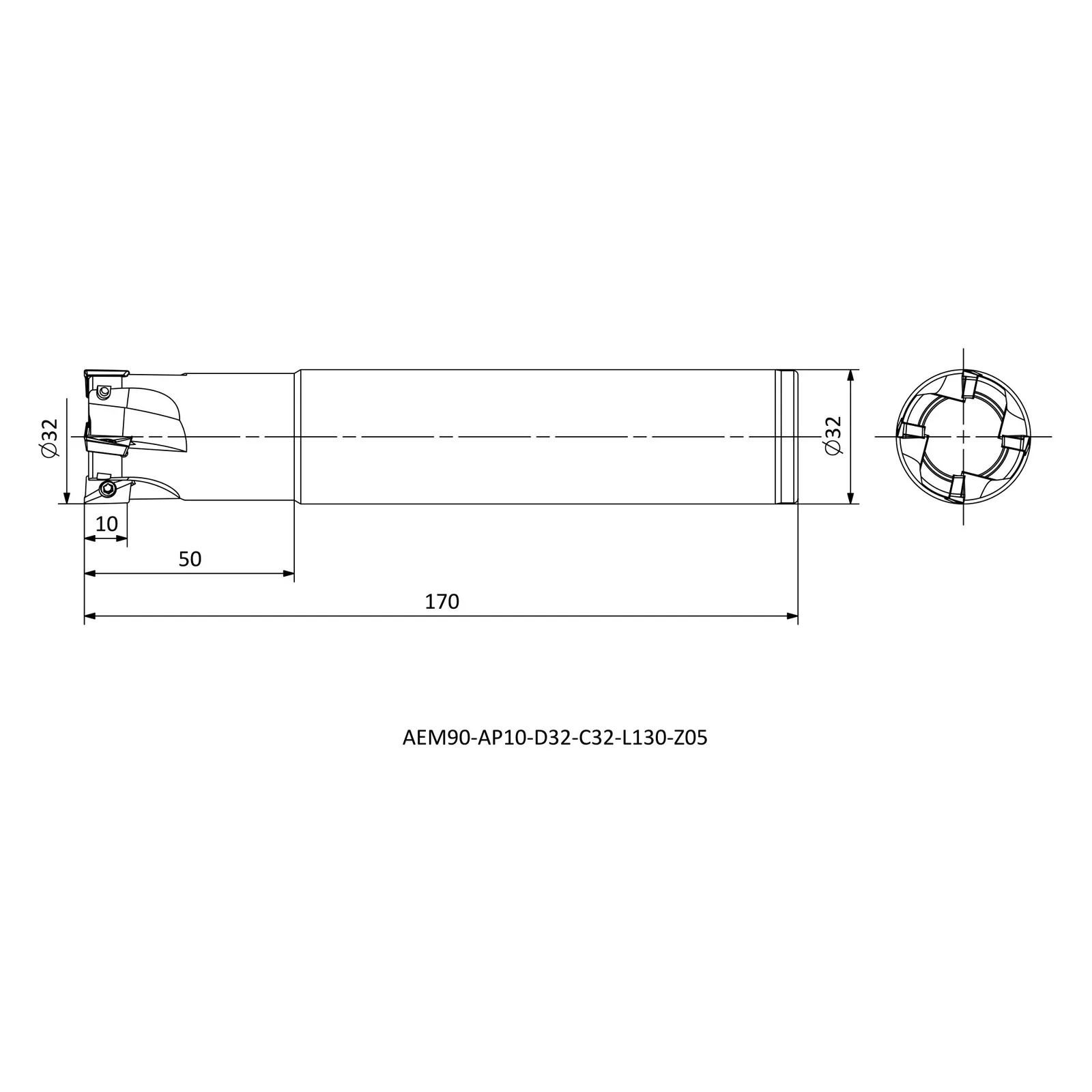 AEM90-AP10-D32-C32-L170-Z04 &mdash; dimensioned drawing