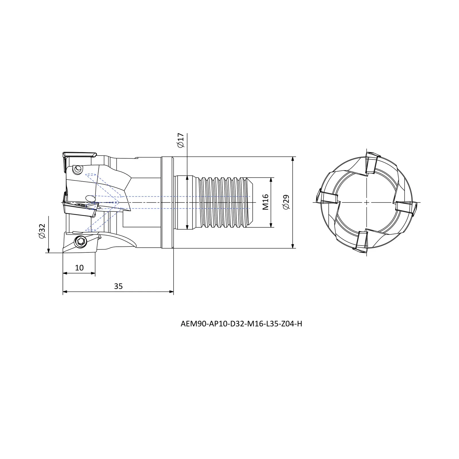 AEM90-AP10-D32-M16-L35-Z04-H &mdash; dimensioned drawing