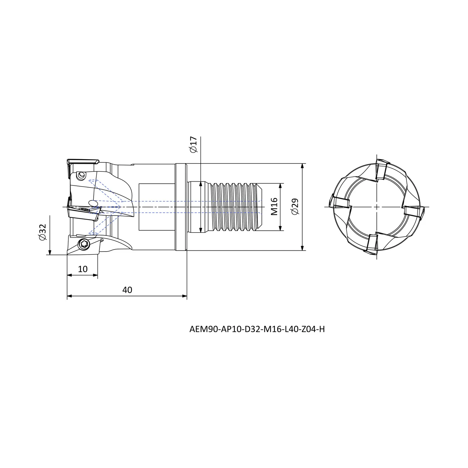 AEM90-AP10-D32-M16-L40-Z04-H &mdash; dimensioned drawing