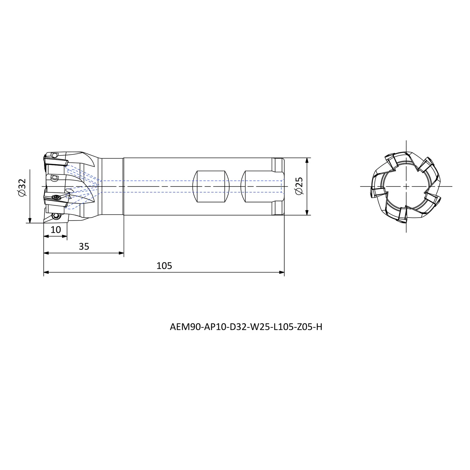 AEM90-AP10-D32-W25-L105-Z05-H &mdash; dimensioned drawing