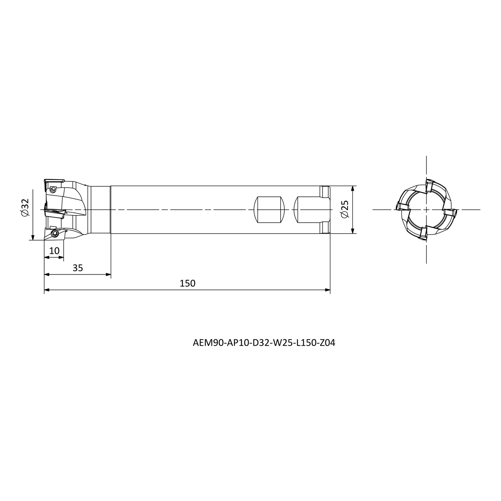 AEM90-AP10-D32-W25-L150-Z04 &mdash; dimensioned drawing