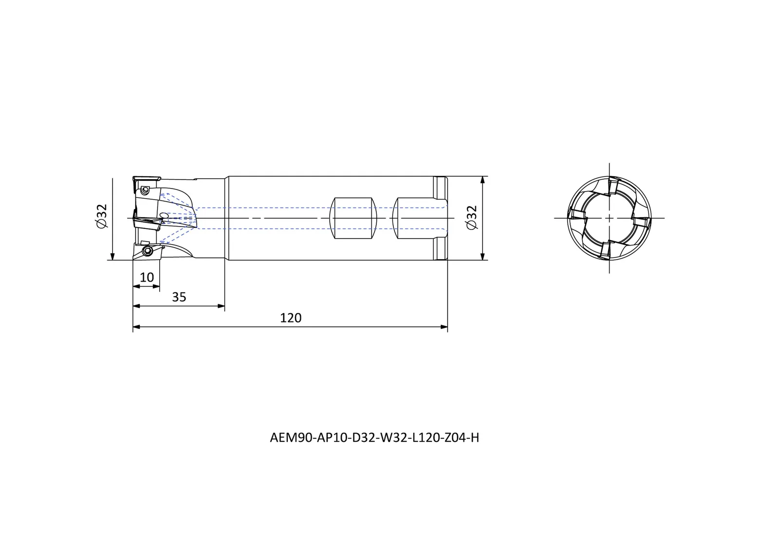 AEM90-AP10-D32-W32-L120-Z04-H &mdash; dimensioned drawing