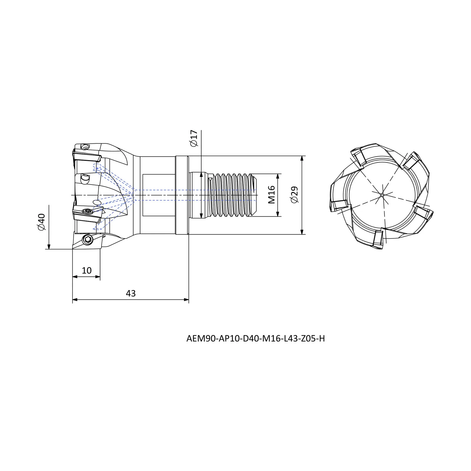 AEM90-AP10-D40-M16-L43-Z05-H &mdash; dimensioned drawing