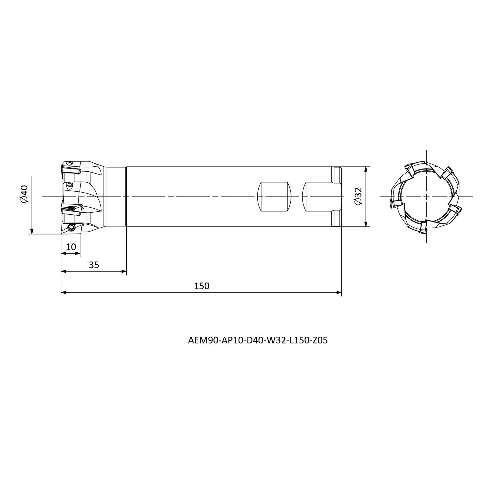 AEM90-AP10-D40-W32-L150-Z05 &mdash; dimensioned drawing
